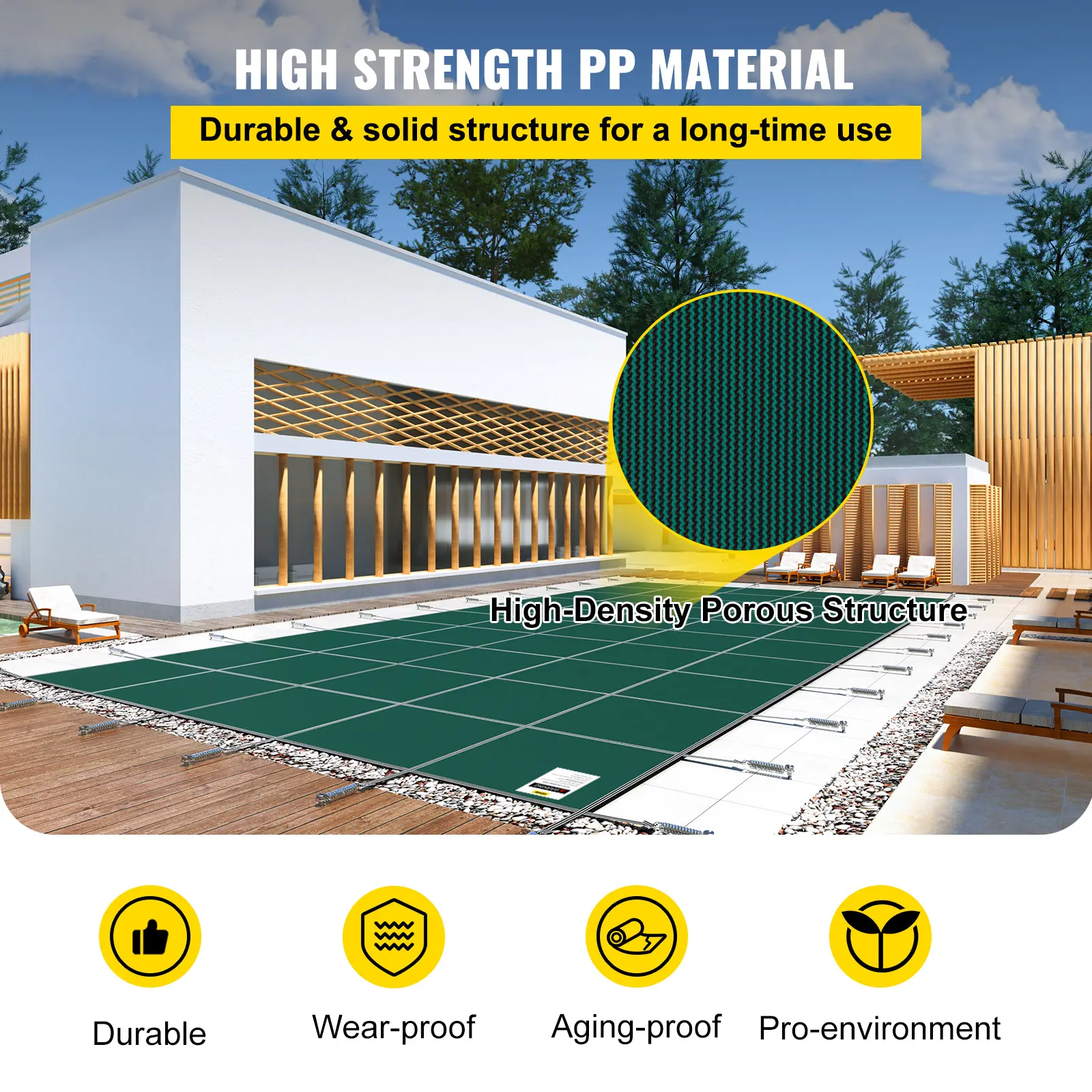 VEVOR Pool Safety Cover Rectangle Inground Pool Cover Green Mesh Solid Pool Safety Cover For Winter Safety Swimming Pool Cover