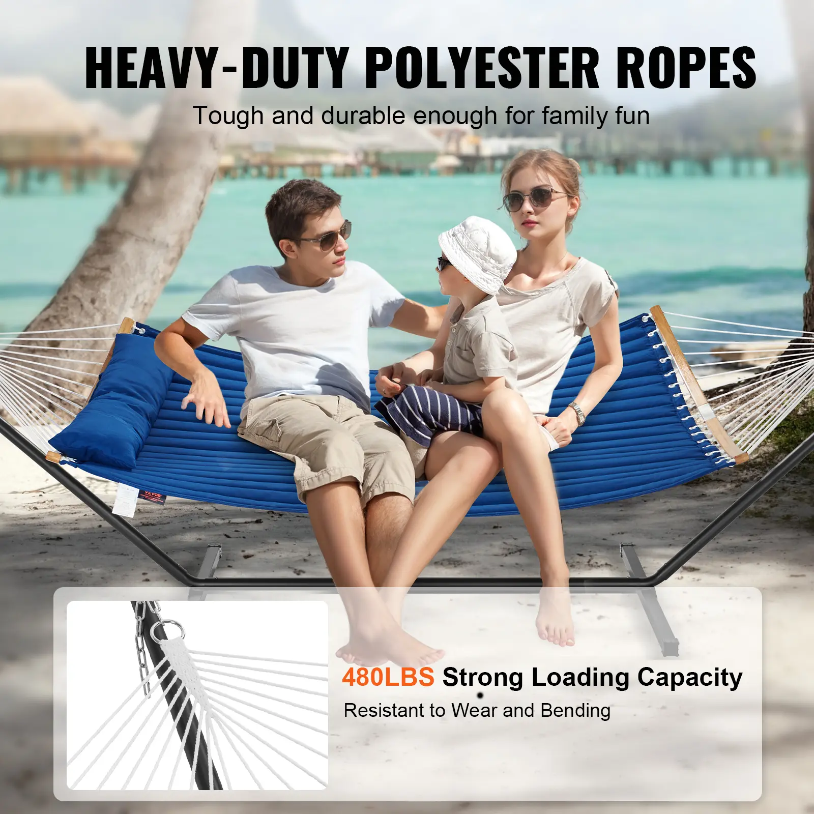 SucceBuy Two Person Hammock with Stand Included Double Hammock with Curved Spreader Bar and Detachable Pillow and Portable Bag