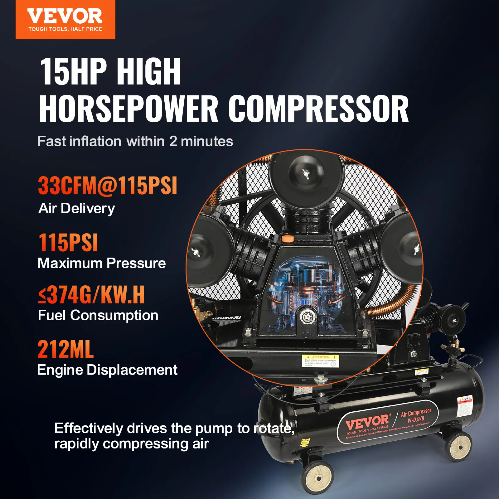 SucceBuy 7HP/15HP Gas Power Air Compressor 10/20/30 Gallon Air Compressor Tank 115PSI Max Pressure for Construction Workshop