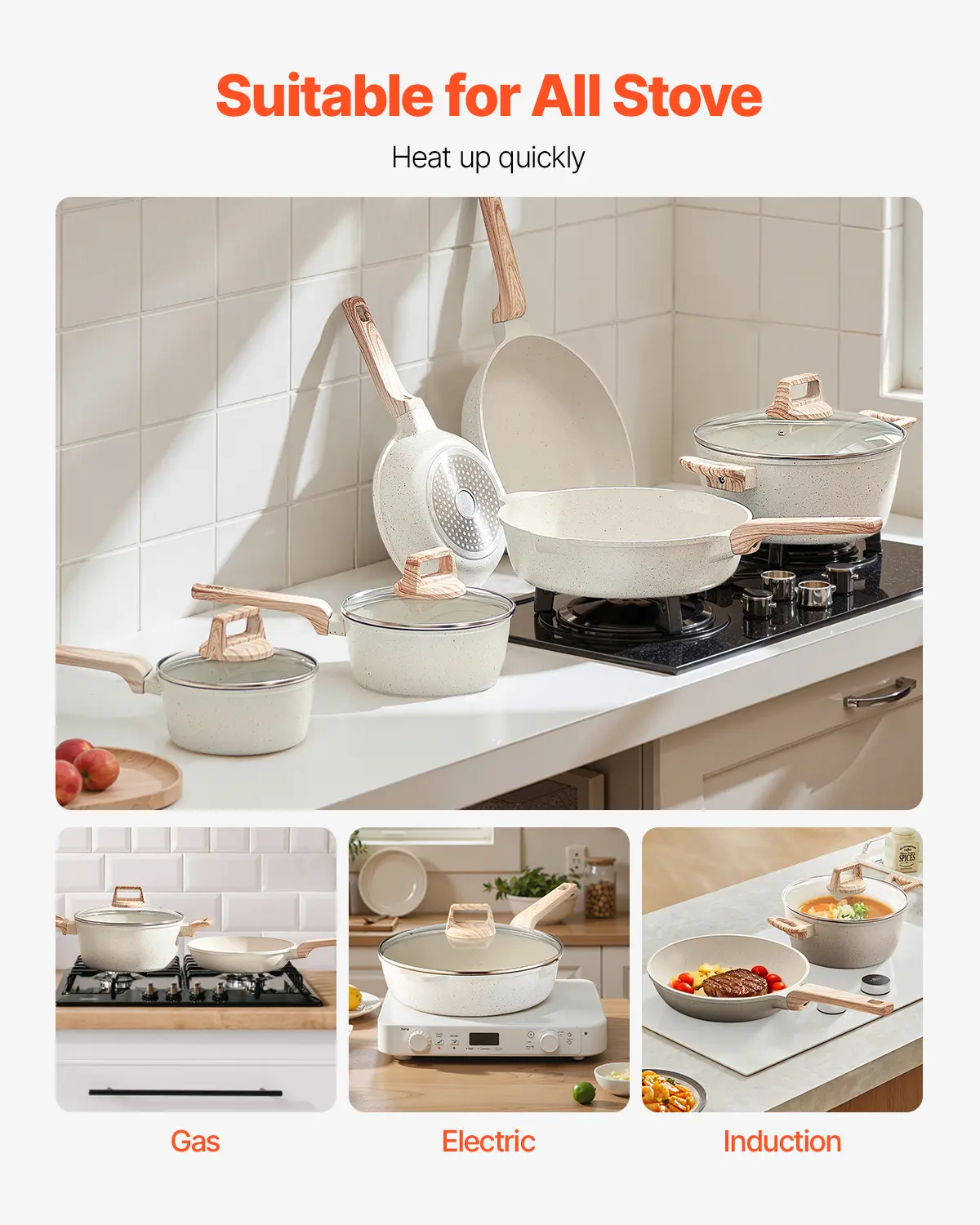 VEVOR 17 Piece Pots and Pans Set Granite Nonstick Cookware Set Induction Cookwares Kitchen RV Cooking Sets with Pan Protectors
