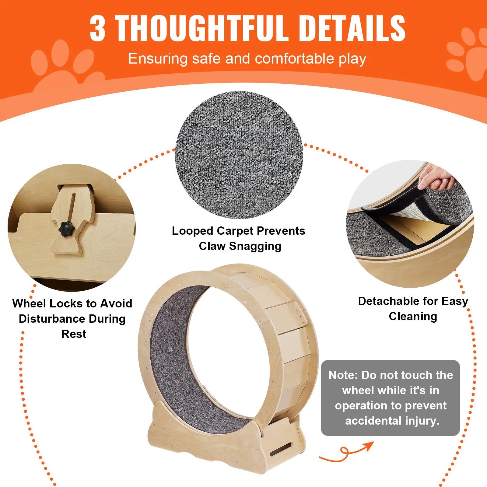 SucceBuy Cat Exercise Wheel Natural Wood Silent Running Toy Treadmill Roller Wheel with Detachable Carpet for Most Cats Fitness