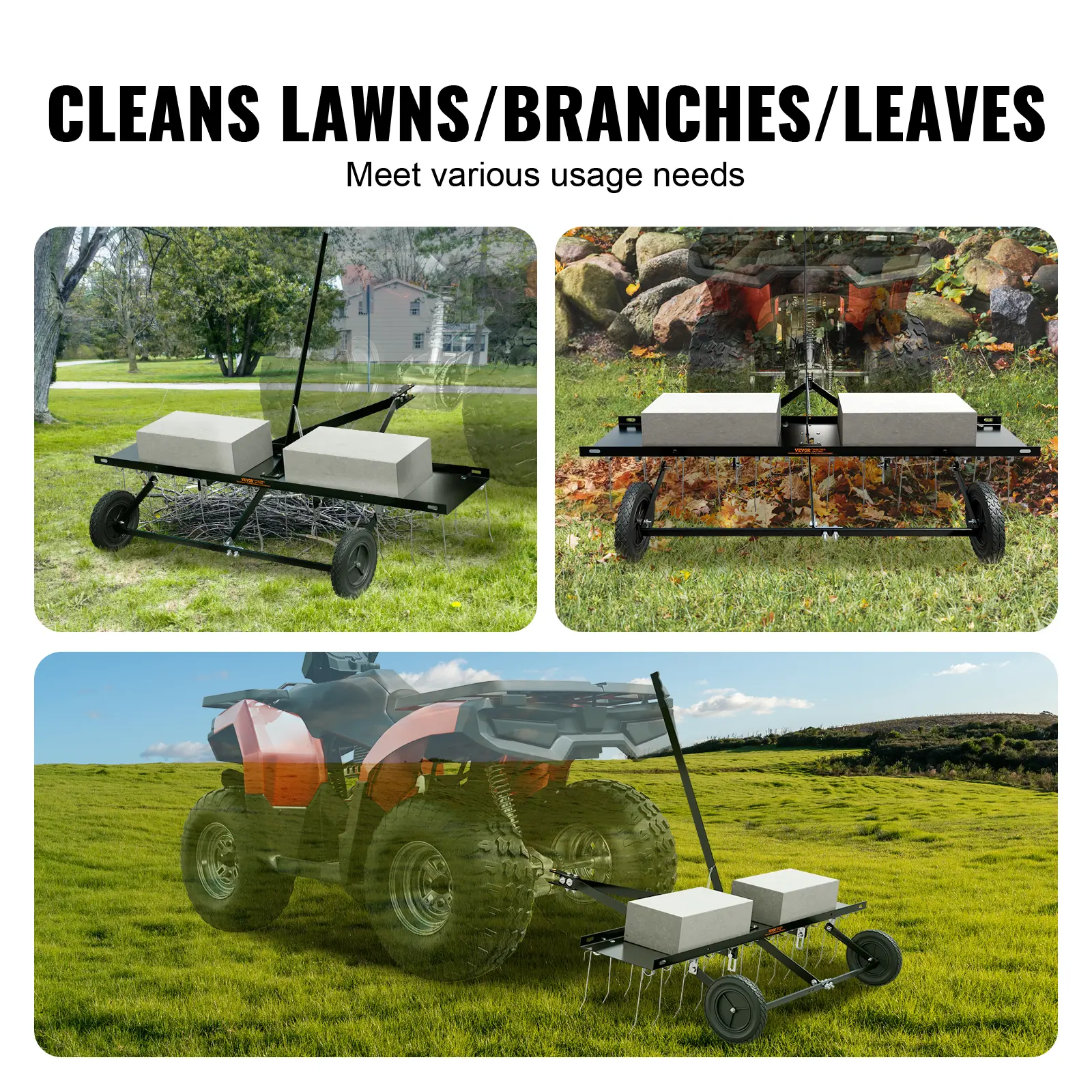 SucceBuy Tow Behind Dethatcher 48in Tow Dethatcher with 24 Spring Steel Tines Lawn Dethatcher Rake for ATV/Mower Tow Behind Lawn