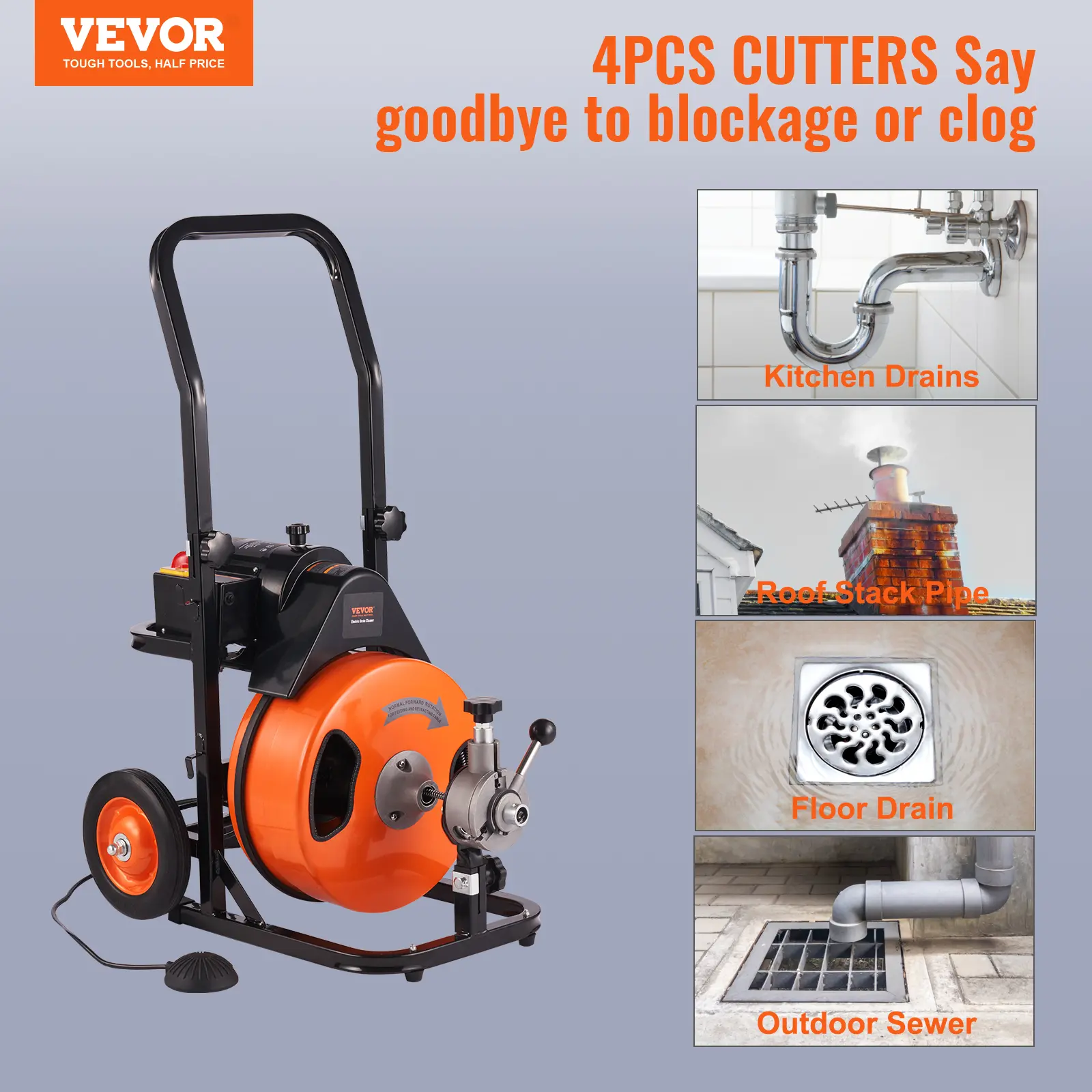 SucceBuy Drain Cleaning Machine 75FT Sewer Snake Auto Feed Drain Auger Cleaner with 4 Cutter Air-Activated Foot Switch for Pipes