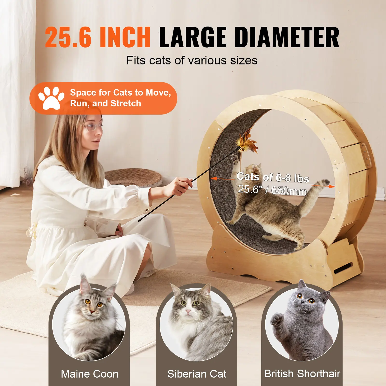 SucceBuy Cat Exercise Wheel Natural Wood Silent Running Toy Treadmill Roller Wheel with Detachable Carpet for Most Cats Fitness
