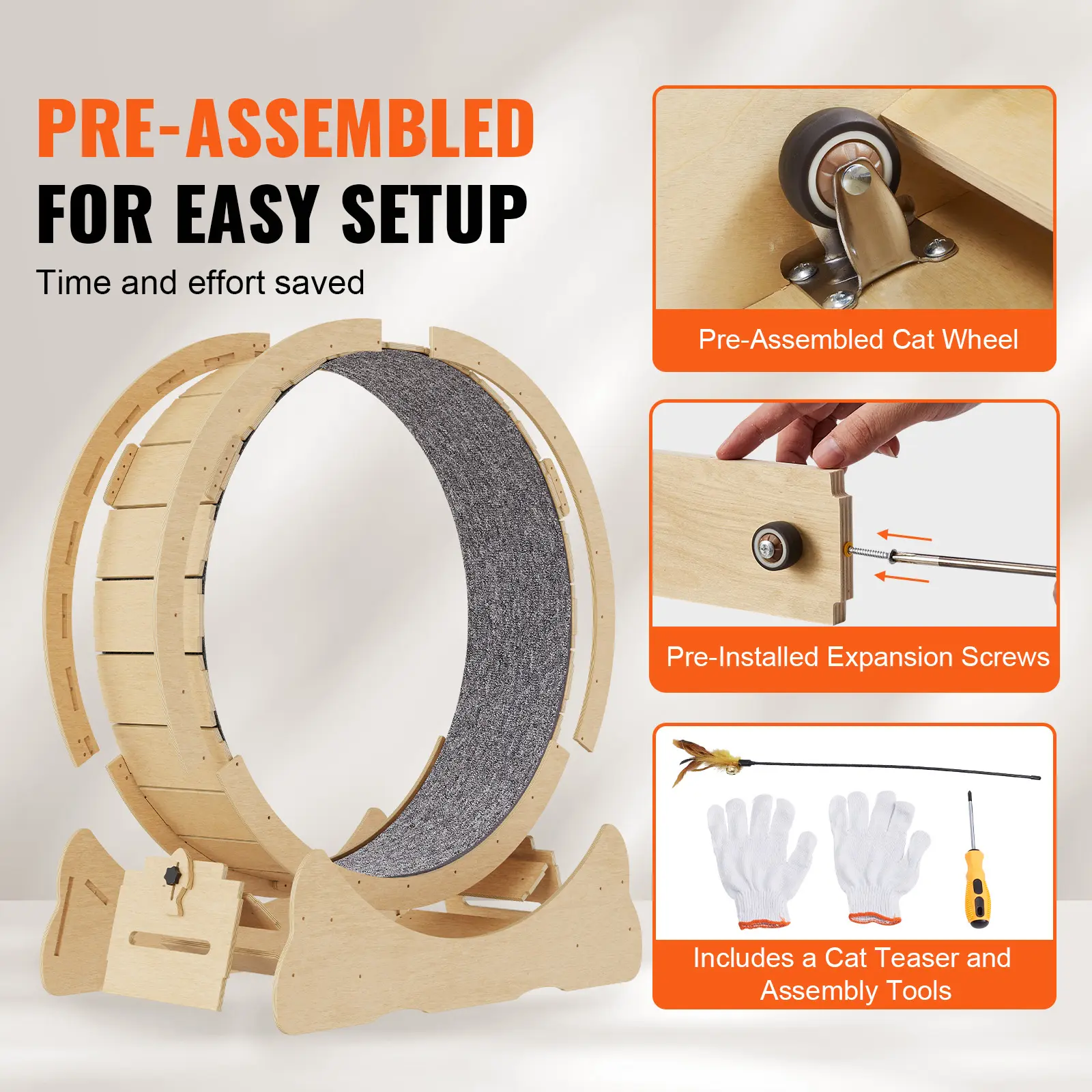 SucceBuy Cat Exercise Wheel Natural Wood Silent Running Toy Treadmill Roller Wheel with Detachable Carpet for Most Cats Fitness