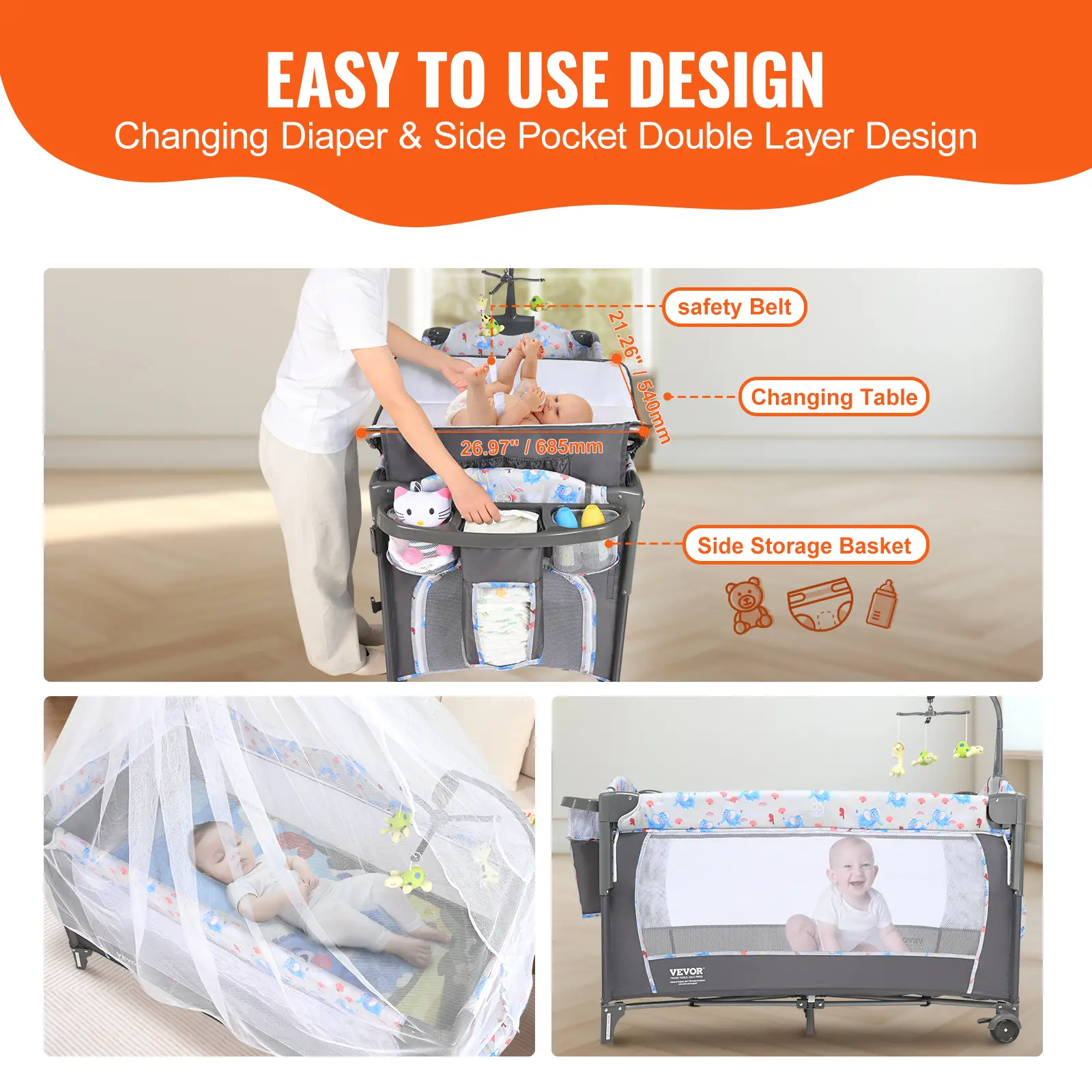 SucceBuy Baby Bassinet 77 pounds Load Capacity Easy to Fold Portable Baby Bassinet Bedside Sleeper with Storage Basket & Wheels