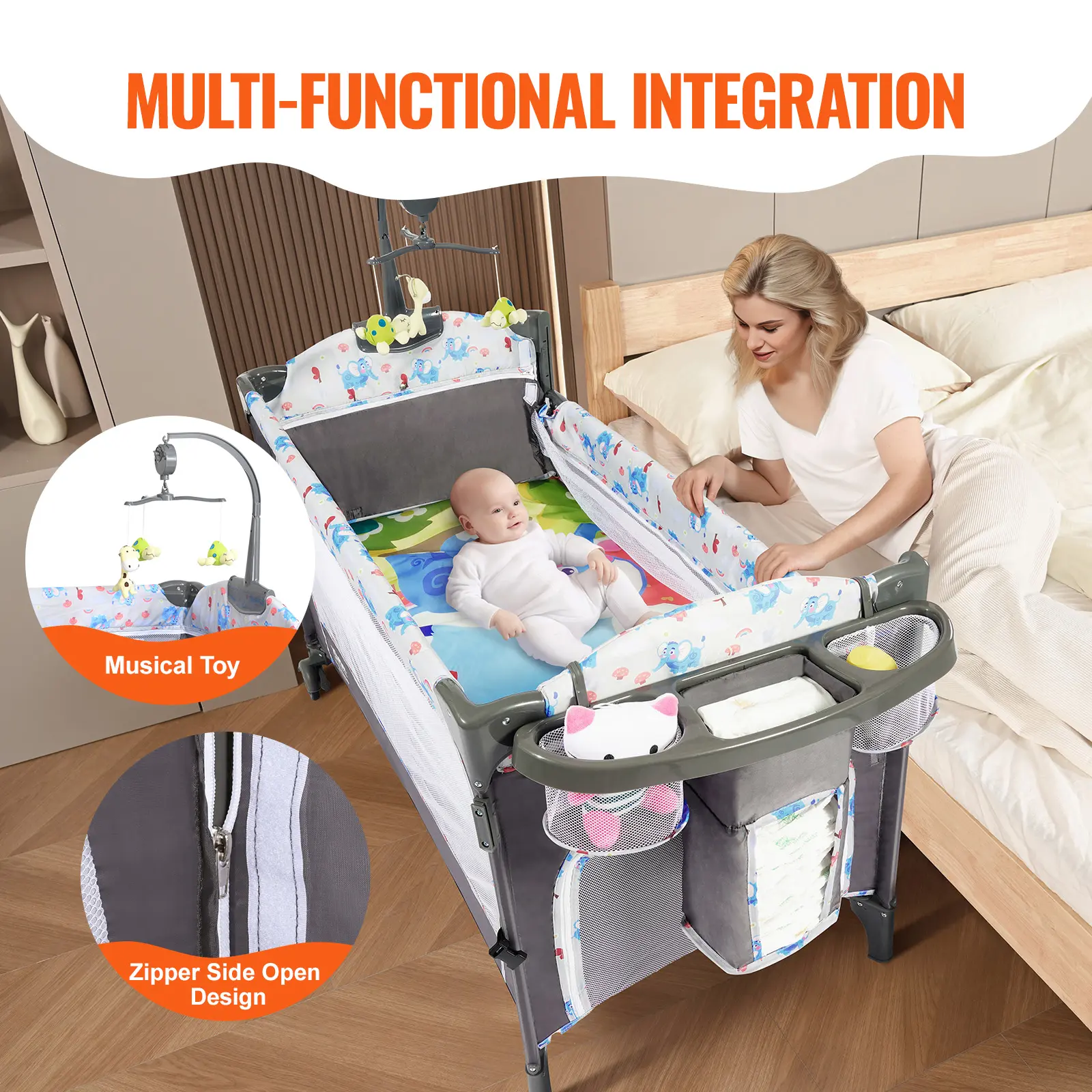 SucceBuy Baby Bassinet 77 pounds Load Capacity Easy to Fold Portable Baby Bassinet Bedside Sleeper with Storage Basket & Wheels