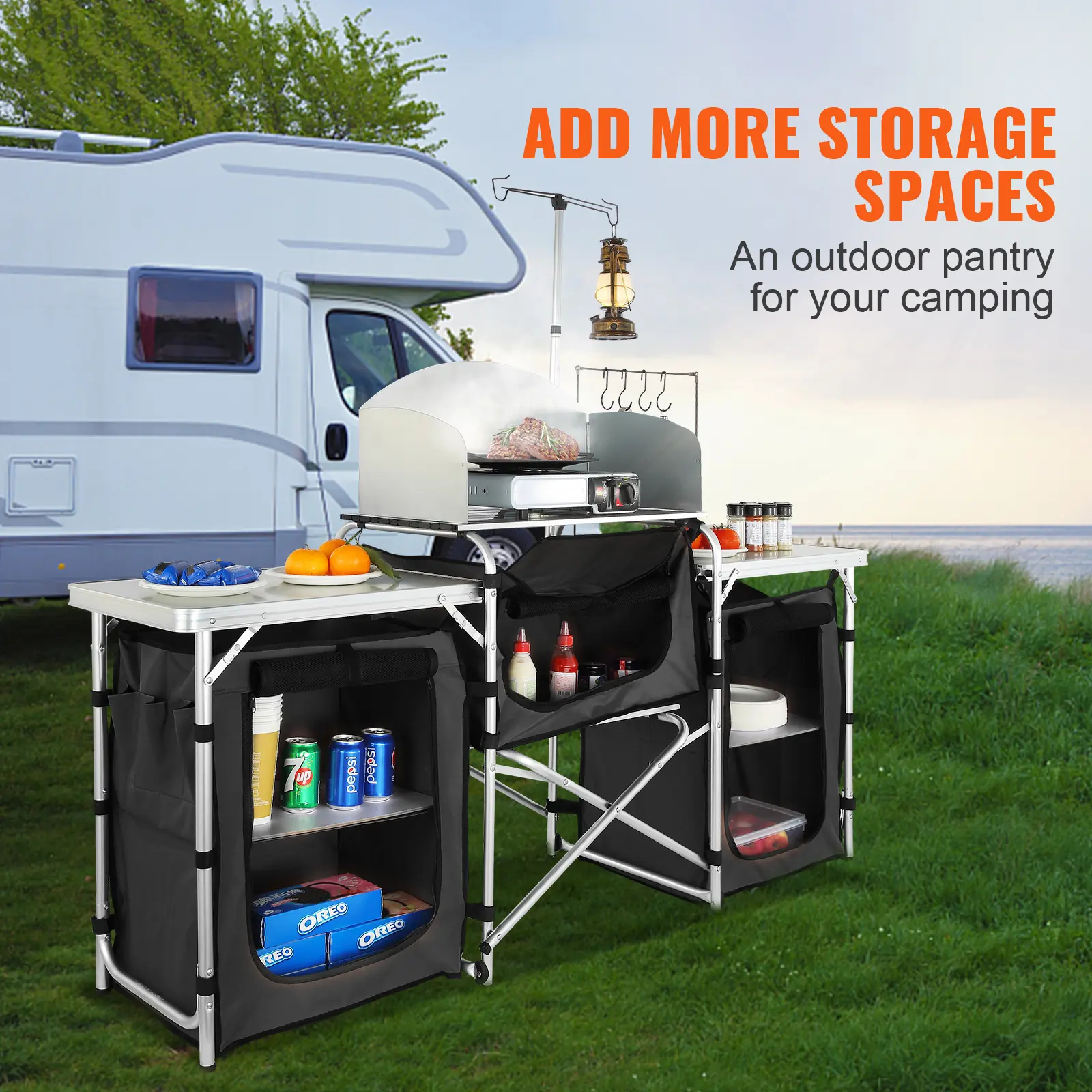 SucceBuy Camping Kitchen Table Cabinet Folding Cooking Storage Rack X-Shaped Aluminum Alloy Bracket for BBQ Picnic Garden Table
