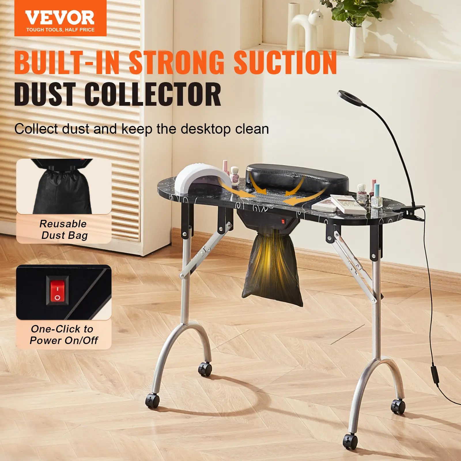 SucceBuy Portable Manicure Table Foldable Nail Table Electric Dust Collector Moveable Nail Tech Desk for Home Spa Beauty Salon
