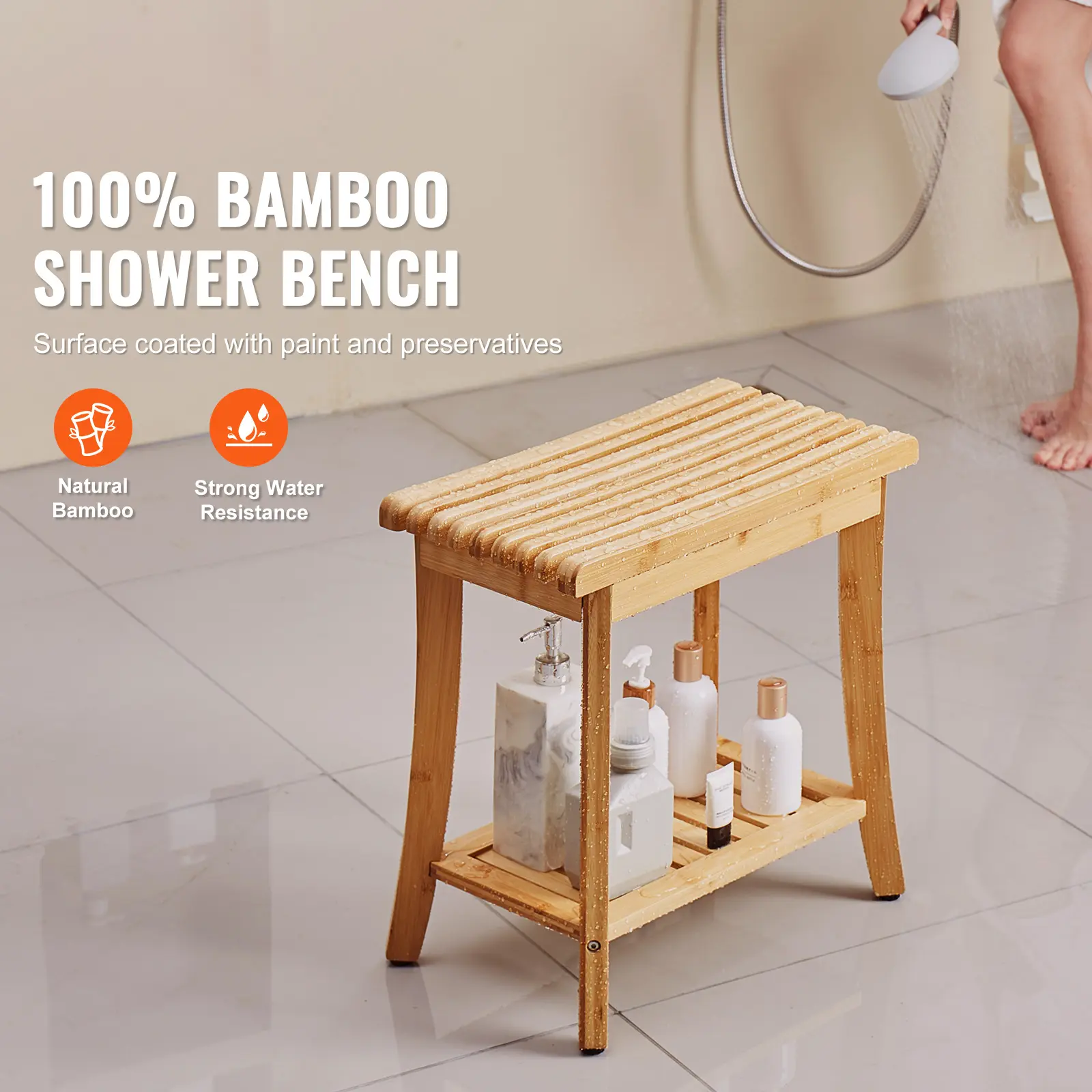 SucceBuy Bamboo Shower Bench 19.1x11.3x18.3 in Waterproof Shower Stool Chair with Storage Shelf 330lbs Load Capacity Spa Seat