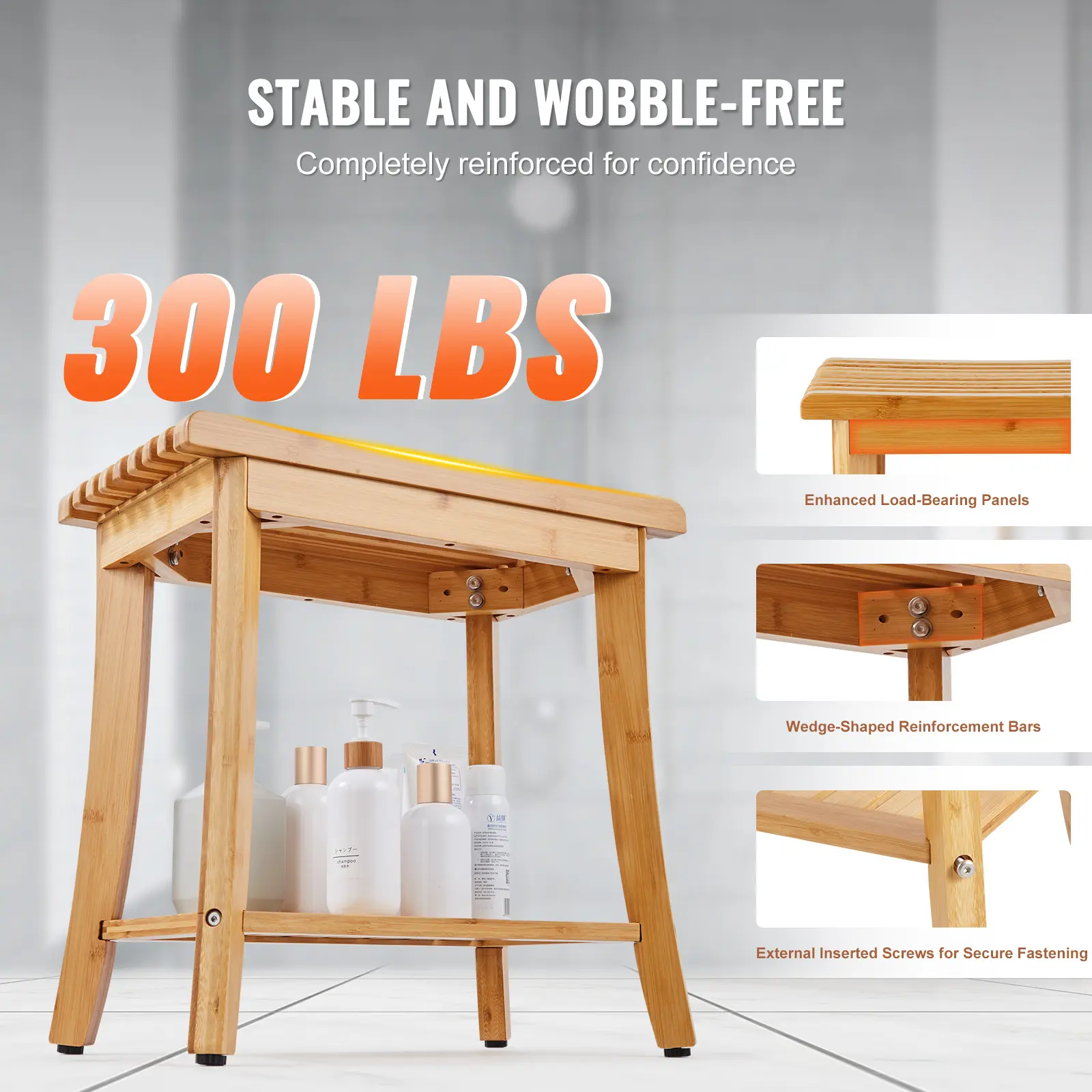 SucceBuy Bamboo Shower Bench 19.1x11.3x18.3 in Waterproof Shower Stool Chair with Storage Shelf 330lbs Load Capacity Spa Seat