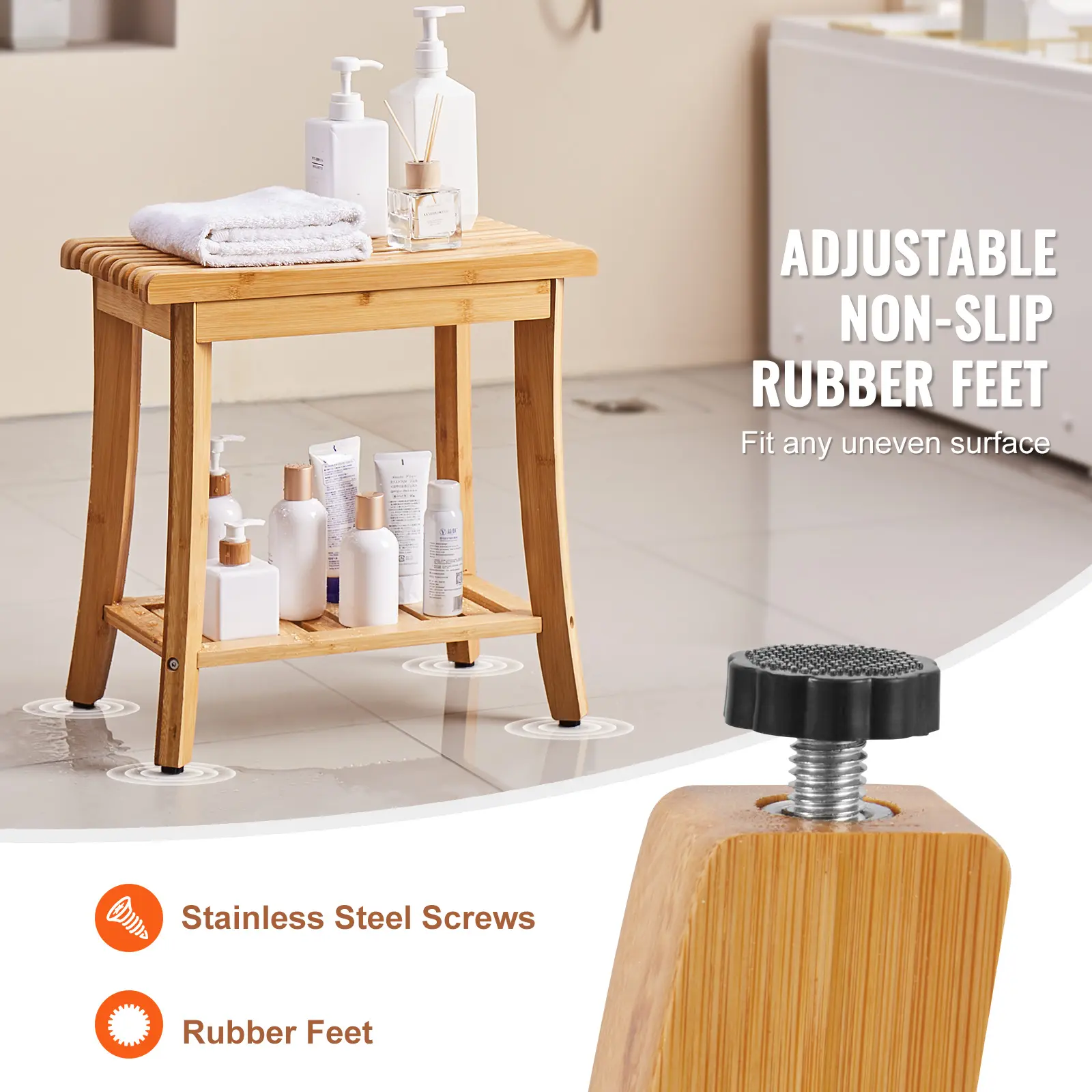 SucceBuy Bamboo Shower Bench 19.1x11.3x18.3 in Waterproof Shower Stool Chair with Storage Shelf 330lbs Load Capacity Spa Seat