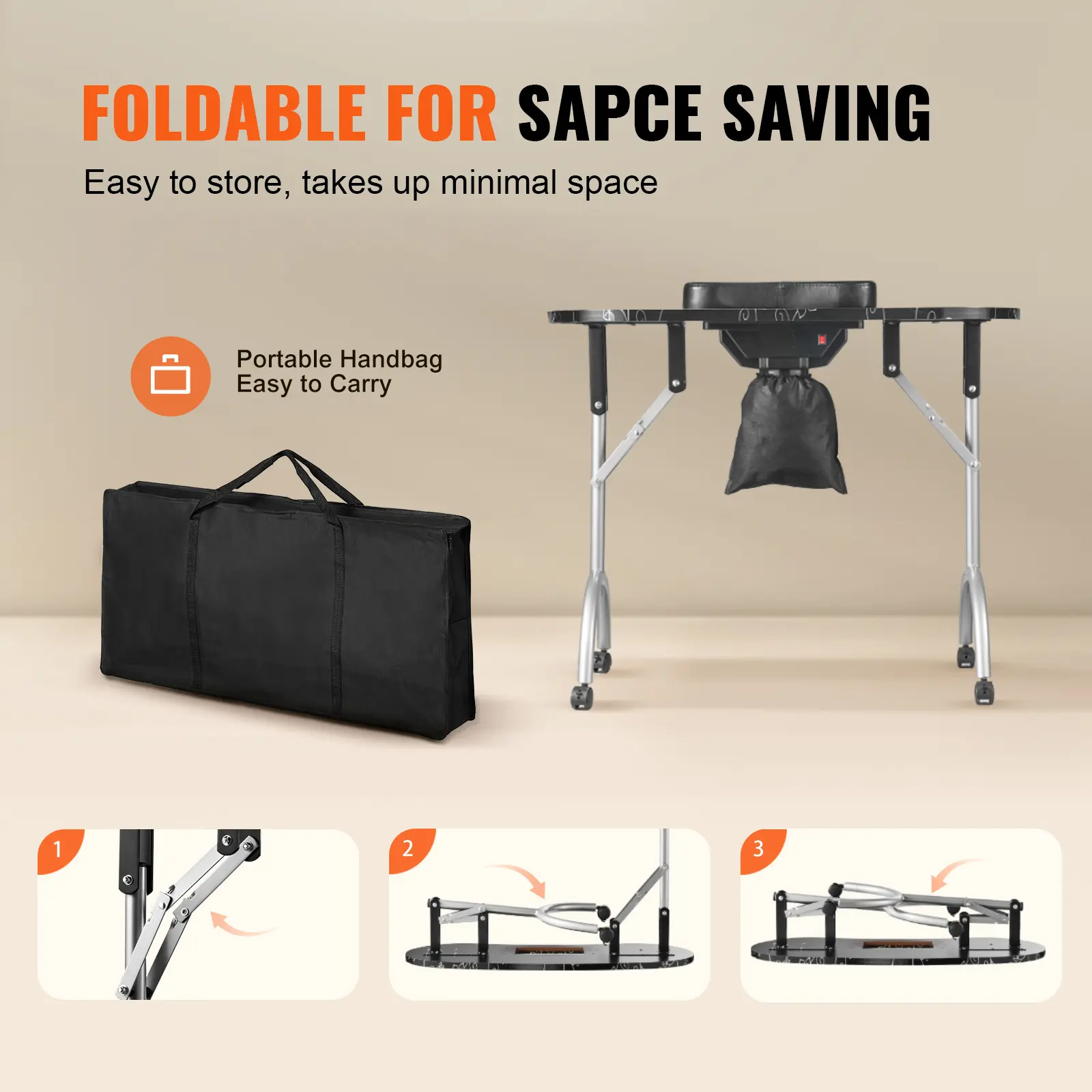 SucceBuy Portable Manicure Table Foldable Nail Table Electric Dust Collector Moveable Nail Tech Desk for Home Spa Beauty Salon