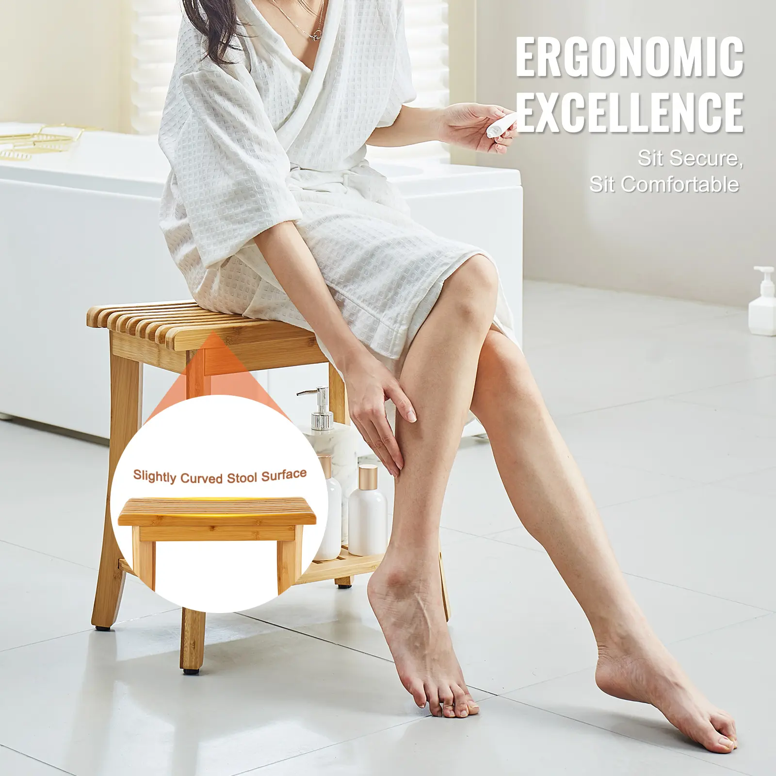 SucceBuy Bamboo Shower Bench 19.1x11.3x18.3 in Waterproof Shower Stool Chair with Storage Shelf 330lbs Load Capacity Spa Seat
