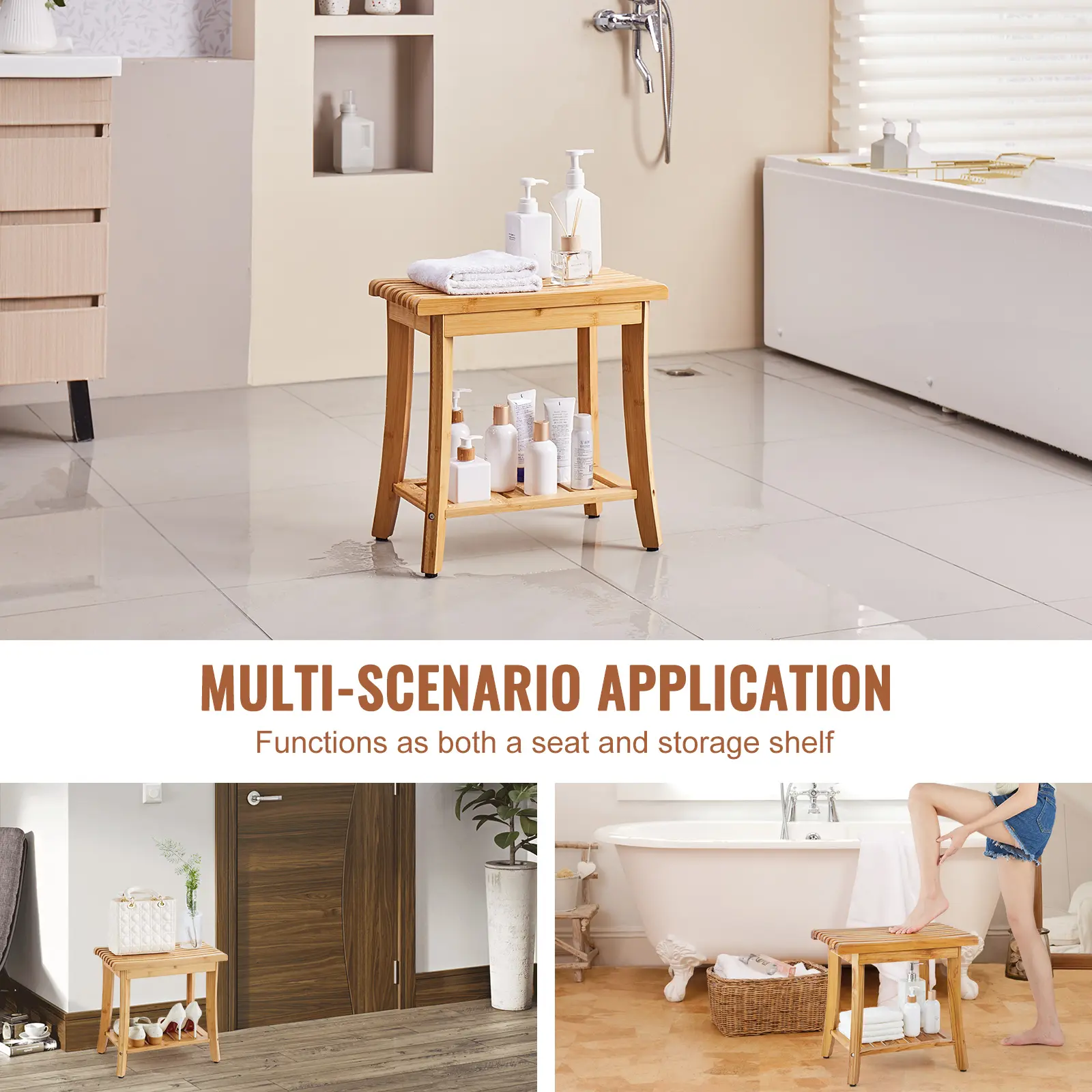 SucceBuy Bamboo Shower Bench 19.1x11.3x18.3 in Waterproof Shower Stool Chair with Storage Shelf 330lbs Load Capacity Spa Seat