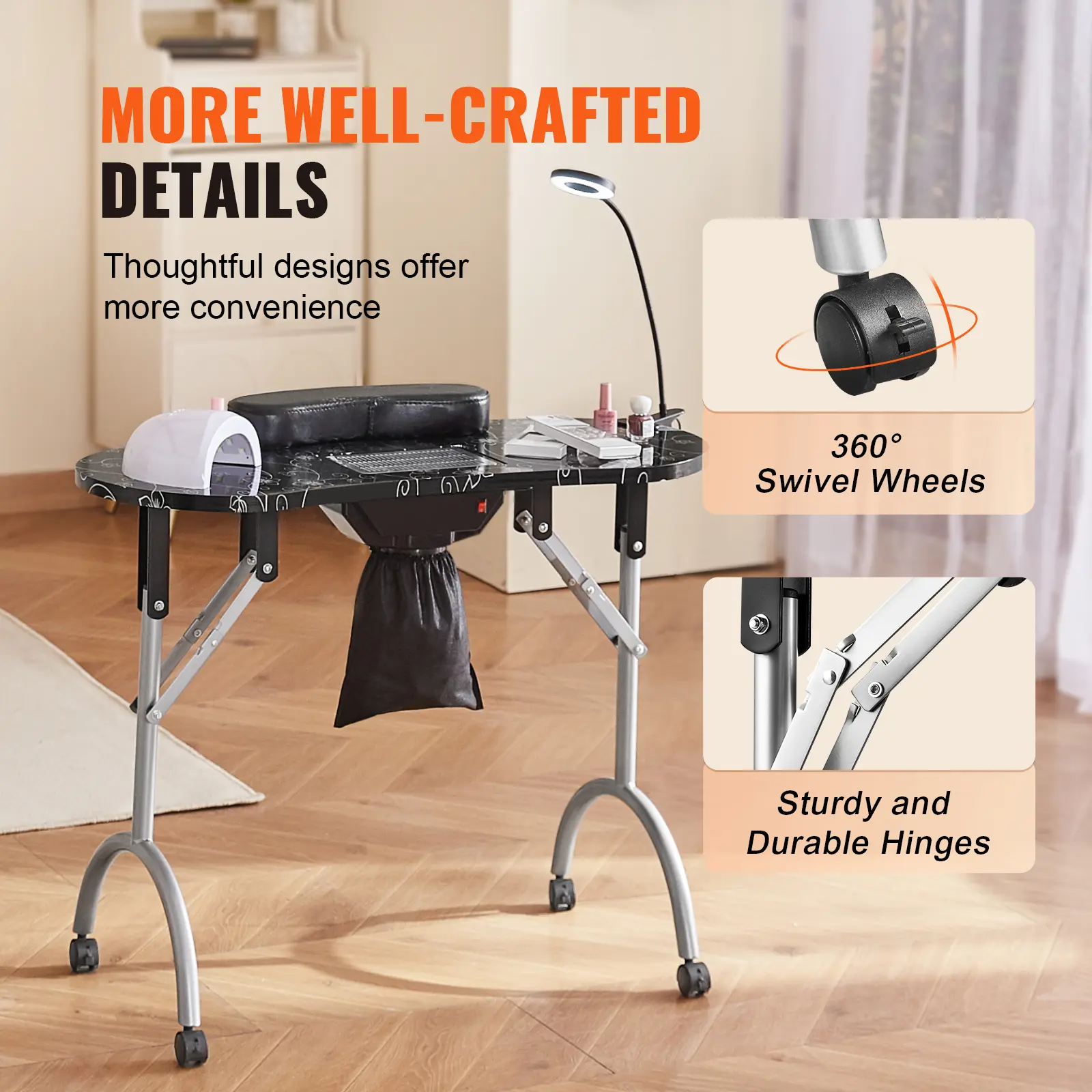 SucceBuy Portable Manicure Table Foldable Nail Table Electric Dust Collector Moveable Nail Tech Desk for Home Spa Beauty Salon