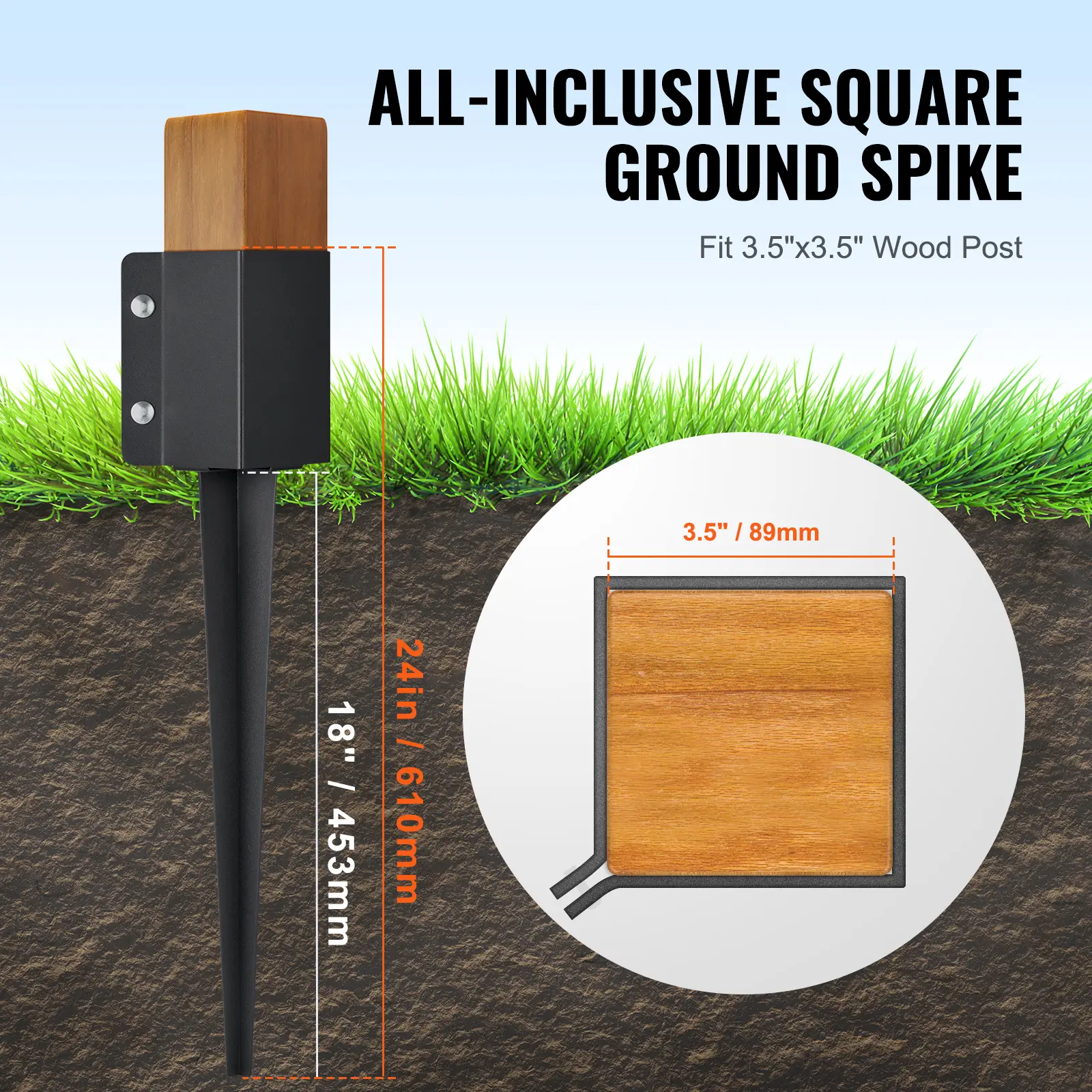 SucceBuy Fence Post Anchor Ground Spike 4 Pack 24 x 4 x 4 In Outer Diameter (Inner Diameter 3.5 x3.5 In) Metal Powder Coated