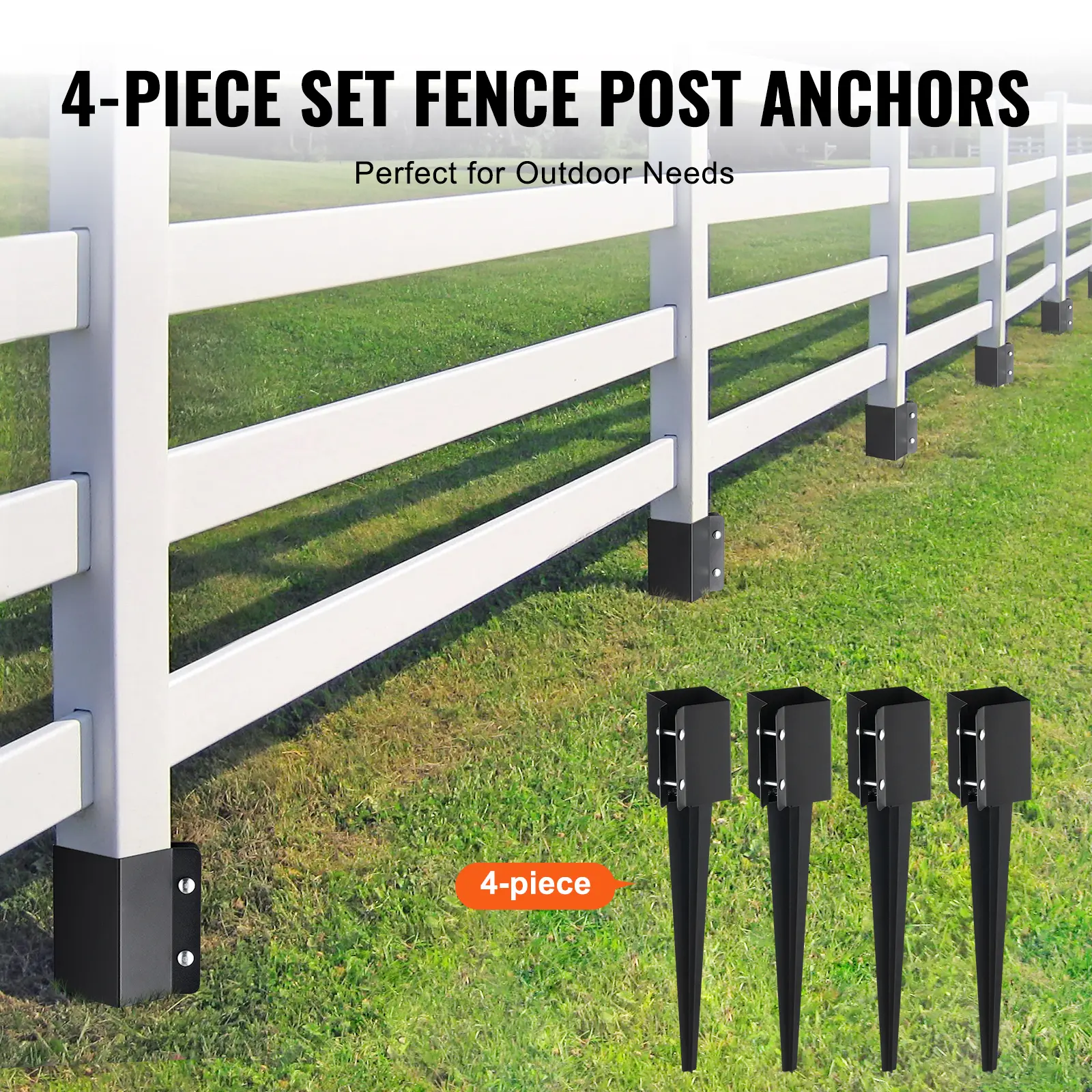 SucceBuy Fence Post Anchor Ground Spike 4 Pack 24 x 4 x 4 In Outer Diameter (Inner Diameter 3.5 x3.5 In) Metal Powder Coated