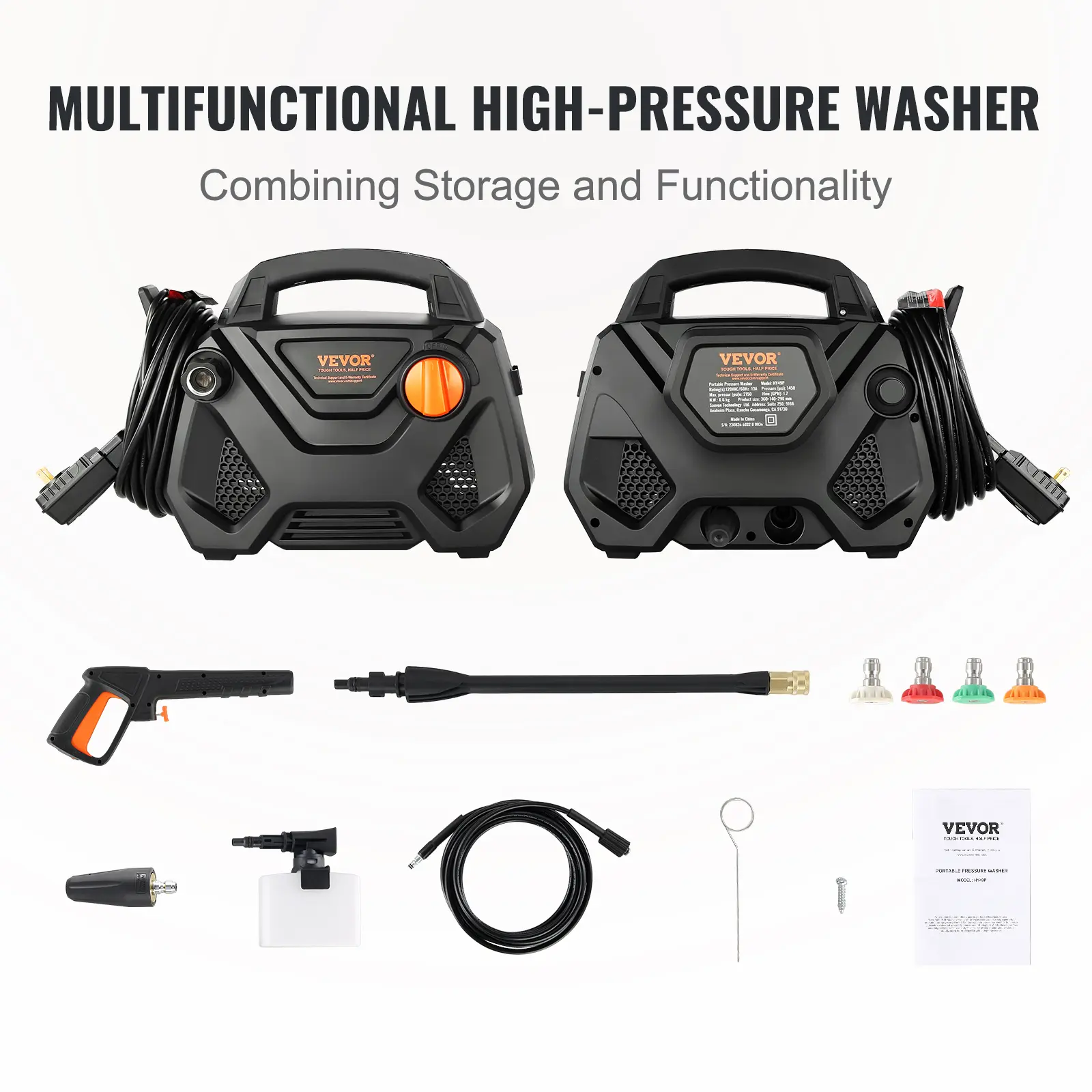 SucceBuy Electric Pressure Washer 2150-PSI 1.85-GPM Foam Cannon High-Pressure with 5 Different Nozzle 20ft Hose/35ft Cord Washer