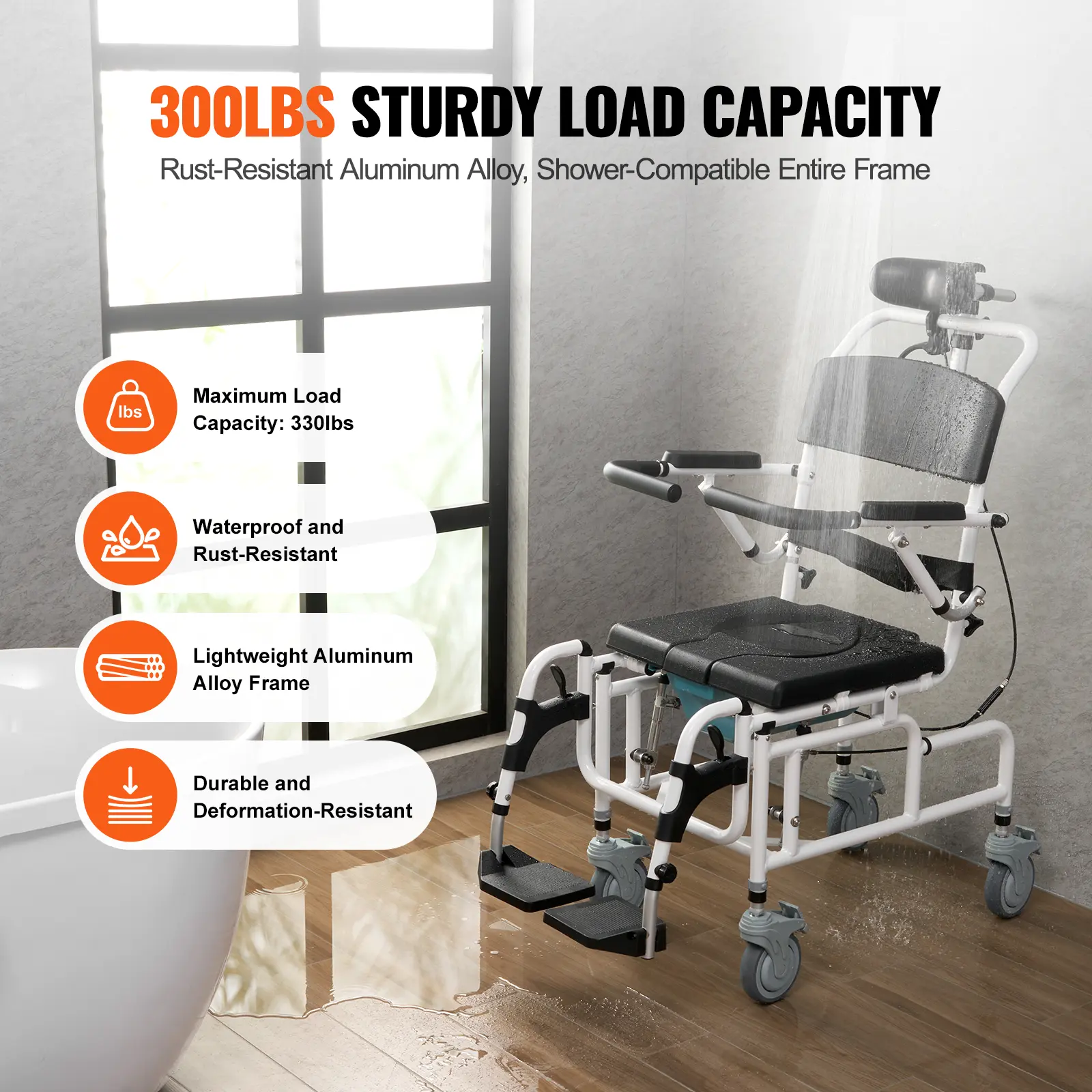 SucceBuy Shower Wheelchair  17.5in Width Aluminum Alloy Bathroom Wheelchair for Inside Shower for Disabled Adult  300 lbs