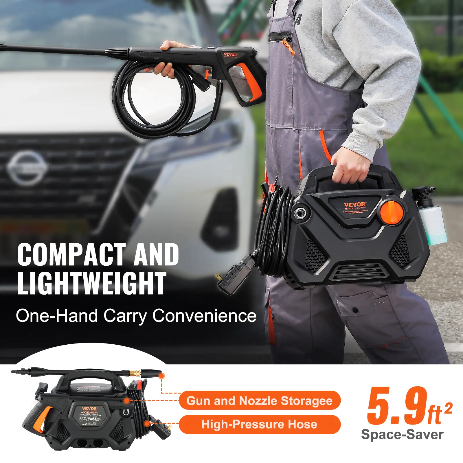 SucceBuy Electric Pressure Washer 2150-PSI 1.85-GPM Foam Cannon High-Pressure with 5 Different Nozzle 20ft Hose/35ft Cord Washer