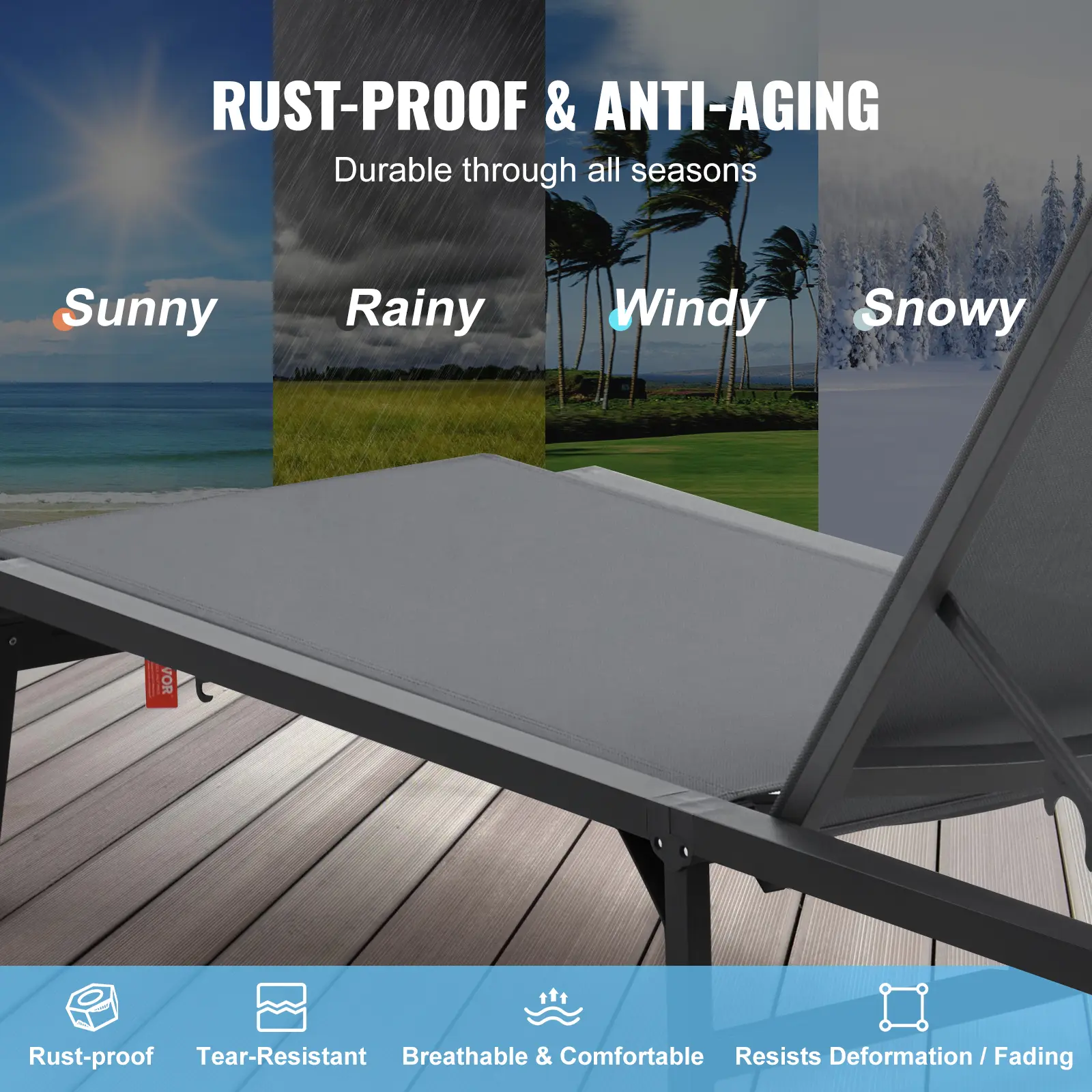 VEVOR Chaise Lounge Chair Outdoor Aluminum Patio LoungeFolding Pool Lounge Recliner Full Flat for Patio Beach Pool Dark Grey