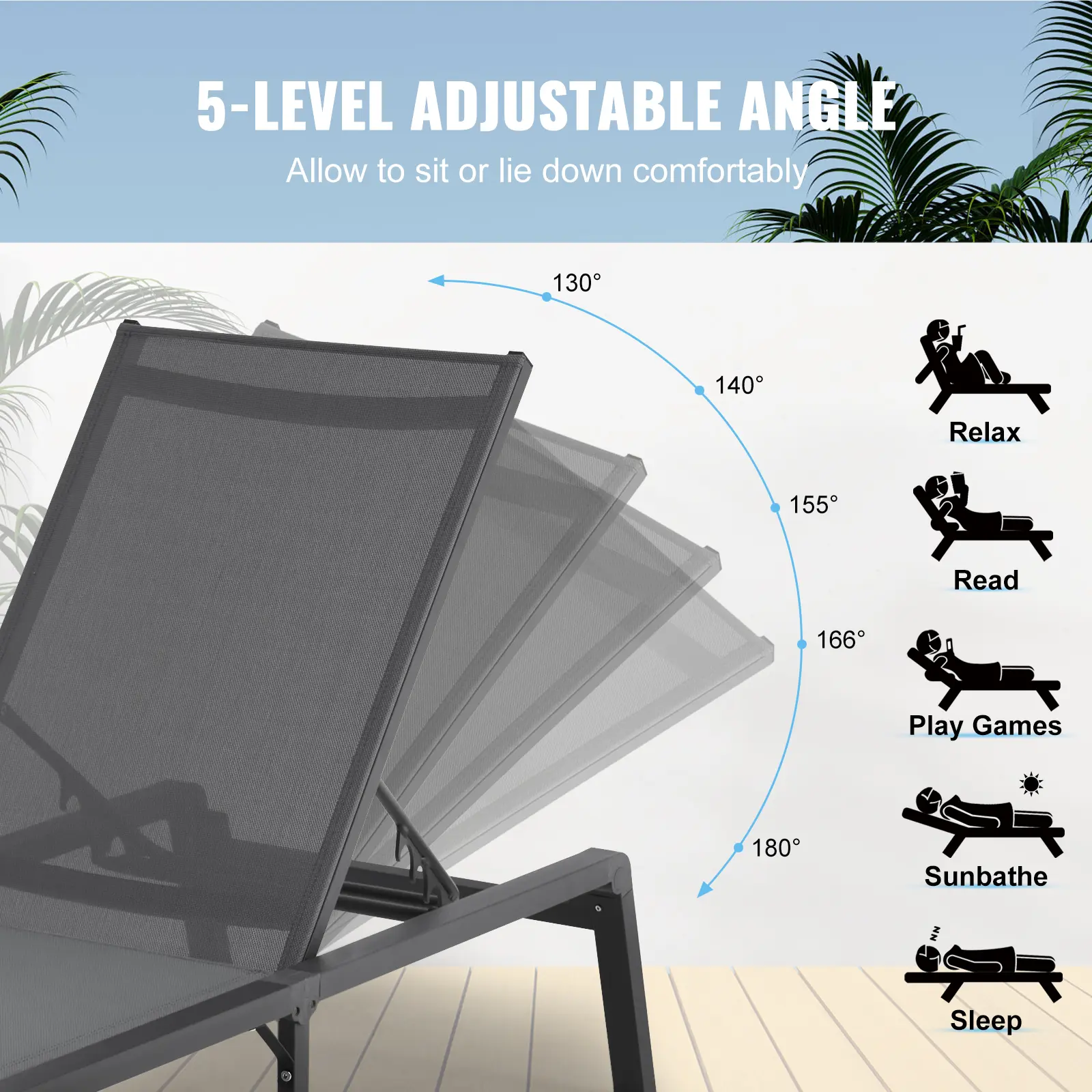 VEVOR Chaise Lounge Chair Outdoor Aluminum Patio LoungeFolding Pool Lounge Recliner Full Flat for Patio Beach Pool Dark Grey