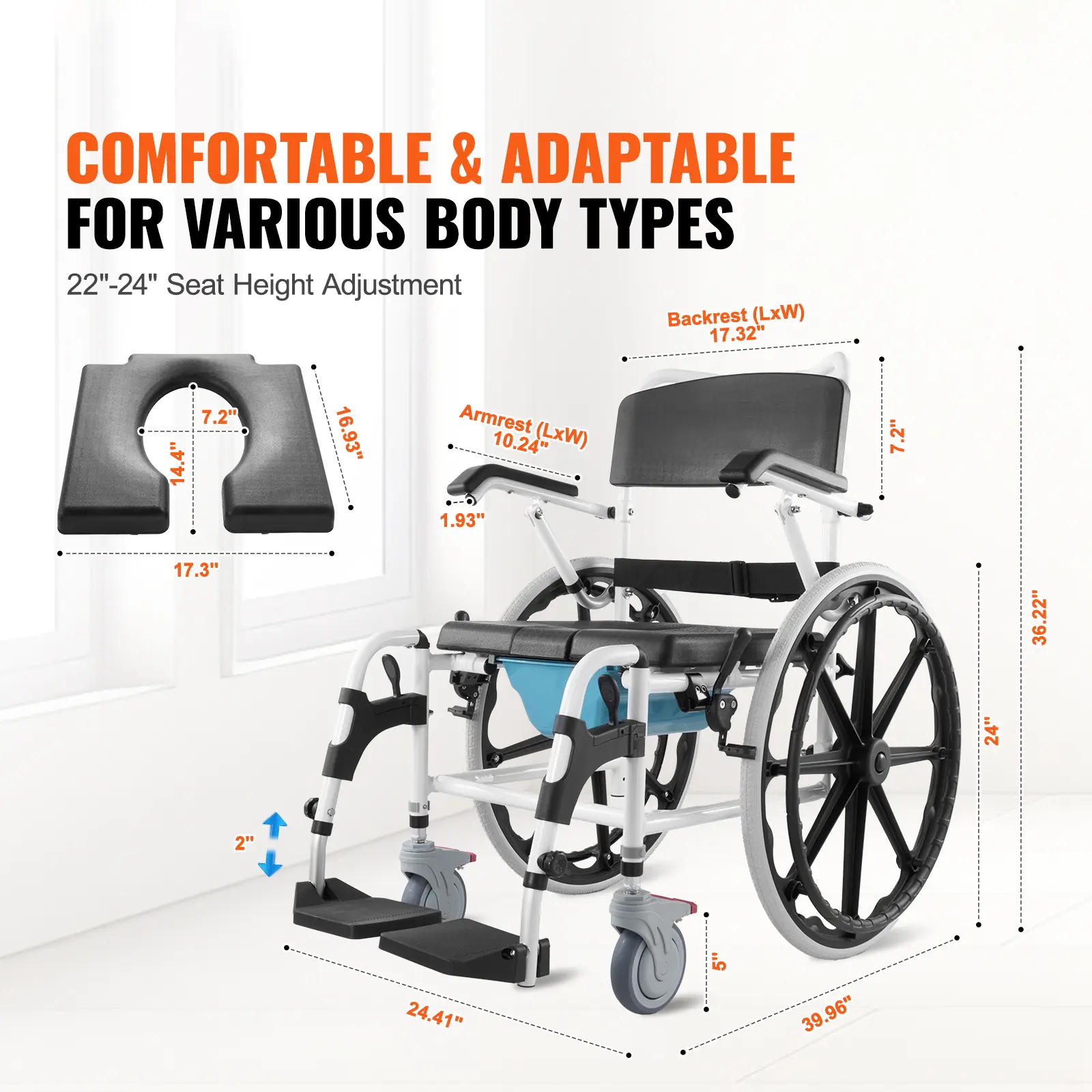 SucceBuy Shower Wheelchair 17.5in Bathroom Wheelchair for Inside Shower Adjustable Rolling Shower Chair for Disabled Adult