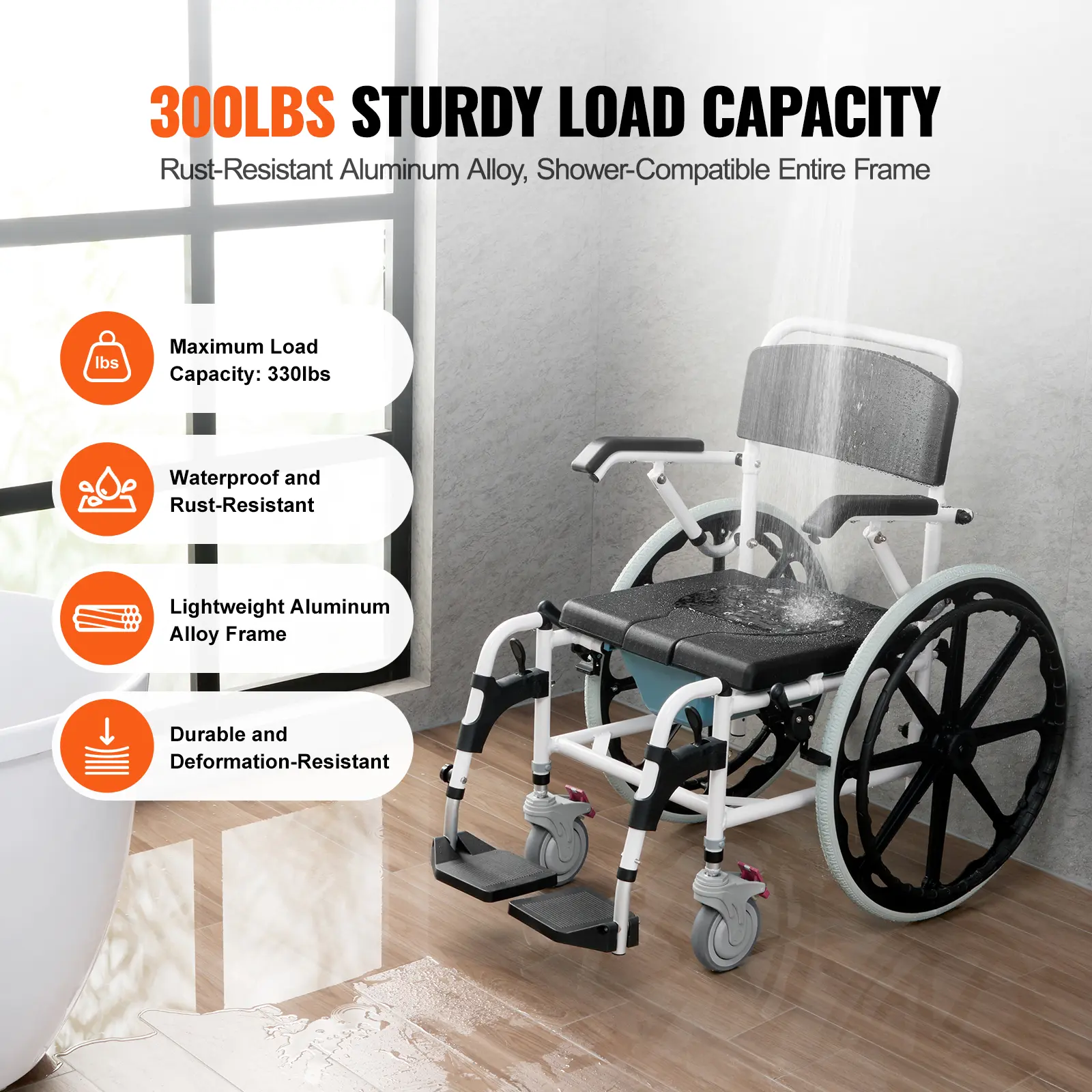 SucceBuy Shower Wheelchair 17.5in Bathroom Wheelchair for Inside Shower Adjustable Rolling Shower Chair for Disabled Adult