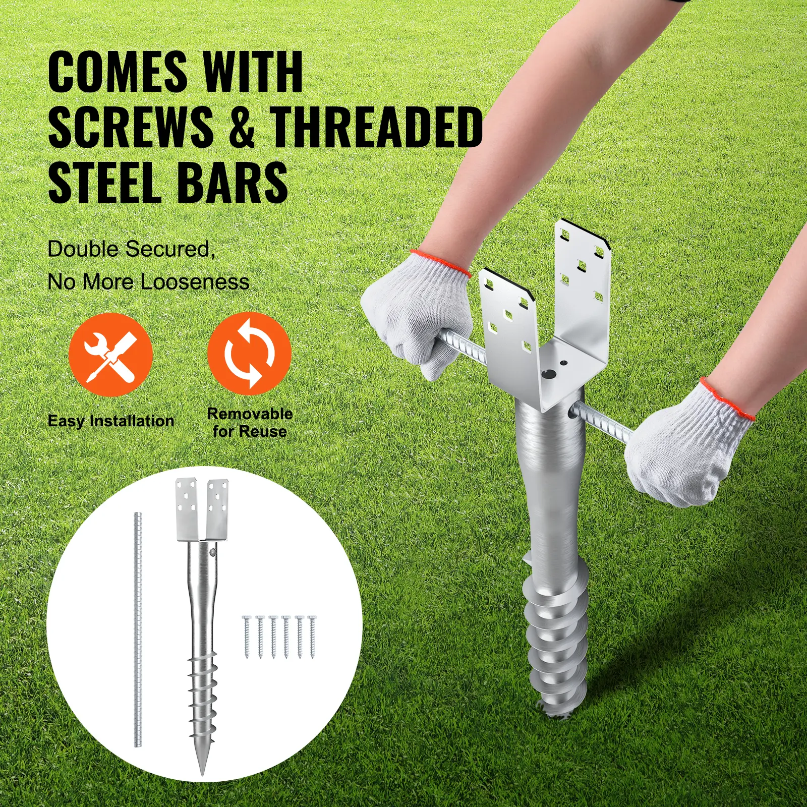 SucceBuy No Dig Ground Anchor 1Pcs 3.94 x 2.76 x 27.56 in DIY Screw in Post Stake Includes 6 Lag Bolts & a Rebar U-Shape Holder