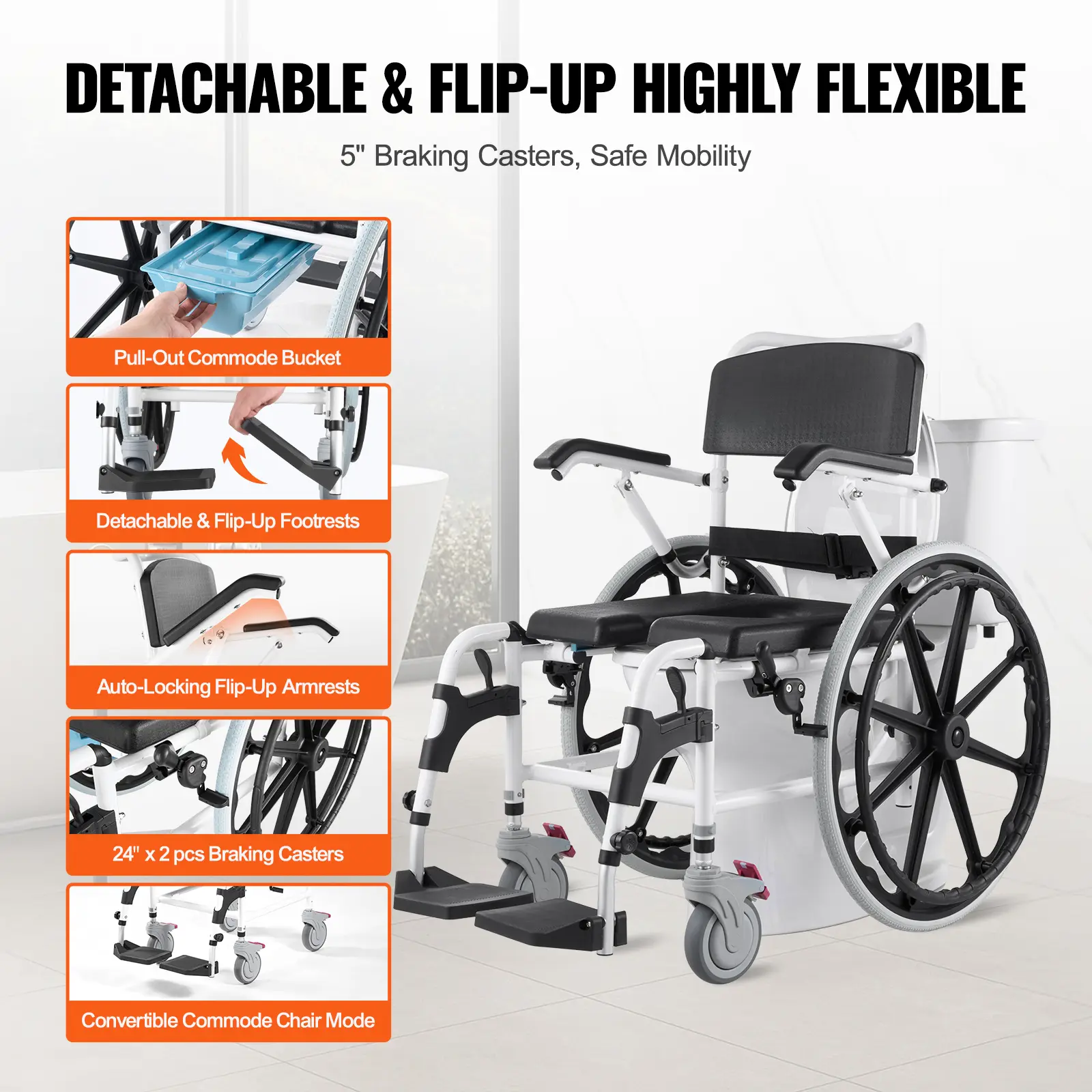 SucceBuy Shower Wheelchair 17.5in Bathroom Wheelchair for Inside Shower Adjustable Rolling Shower Chair for Disabled Adult