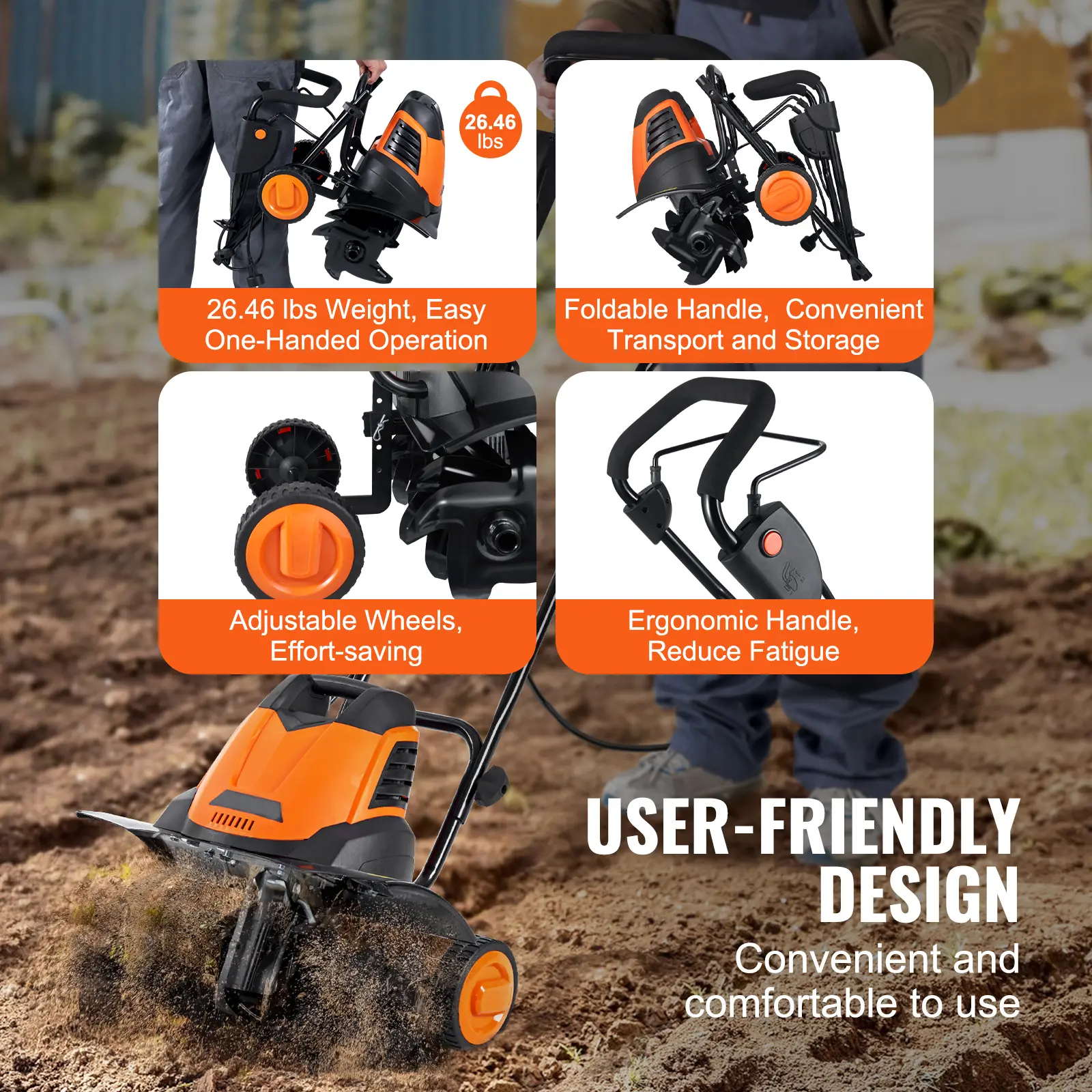 SucceBuy 12 Amp Electric Tiller 18" Tilling Width 3.94" Tilling Depth Corded Electric Tiller/Cultivator Steel Mn Tines Rototille