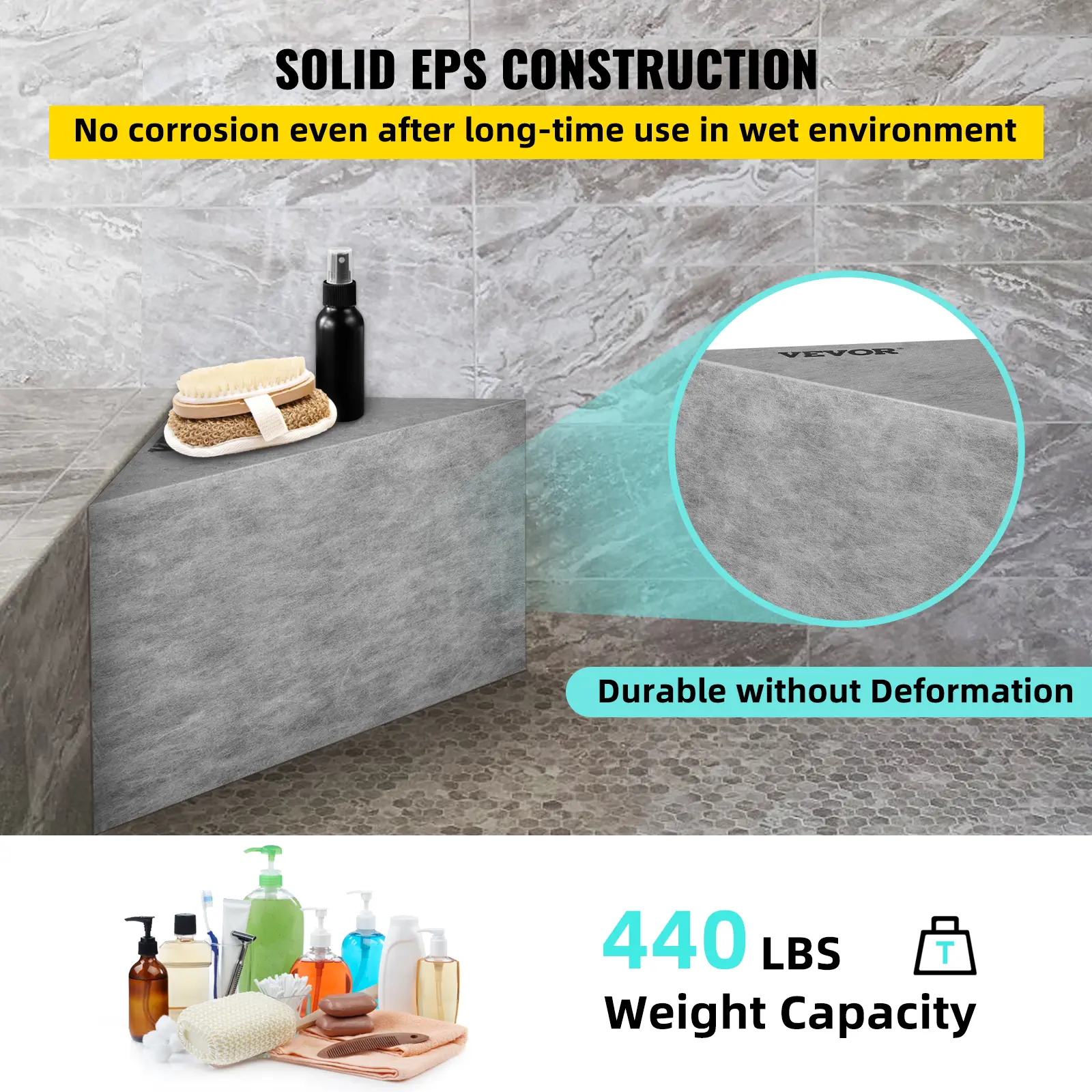 SucceBuy Ready to Tile Shower Seat 22.4"x16"x20" Corner Shower Bench 440lbs Load-Bearing Waterproof Triangular Board Shower
