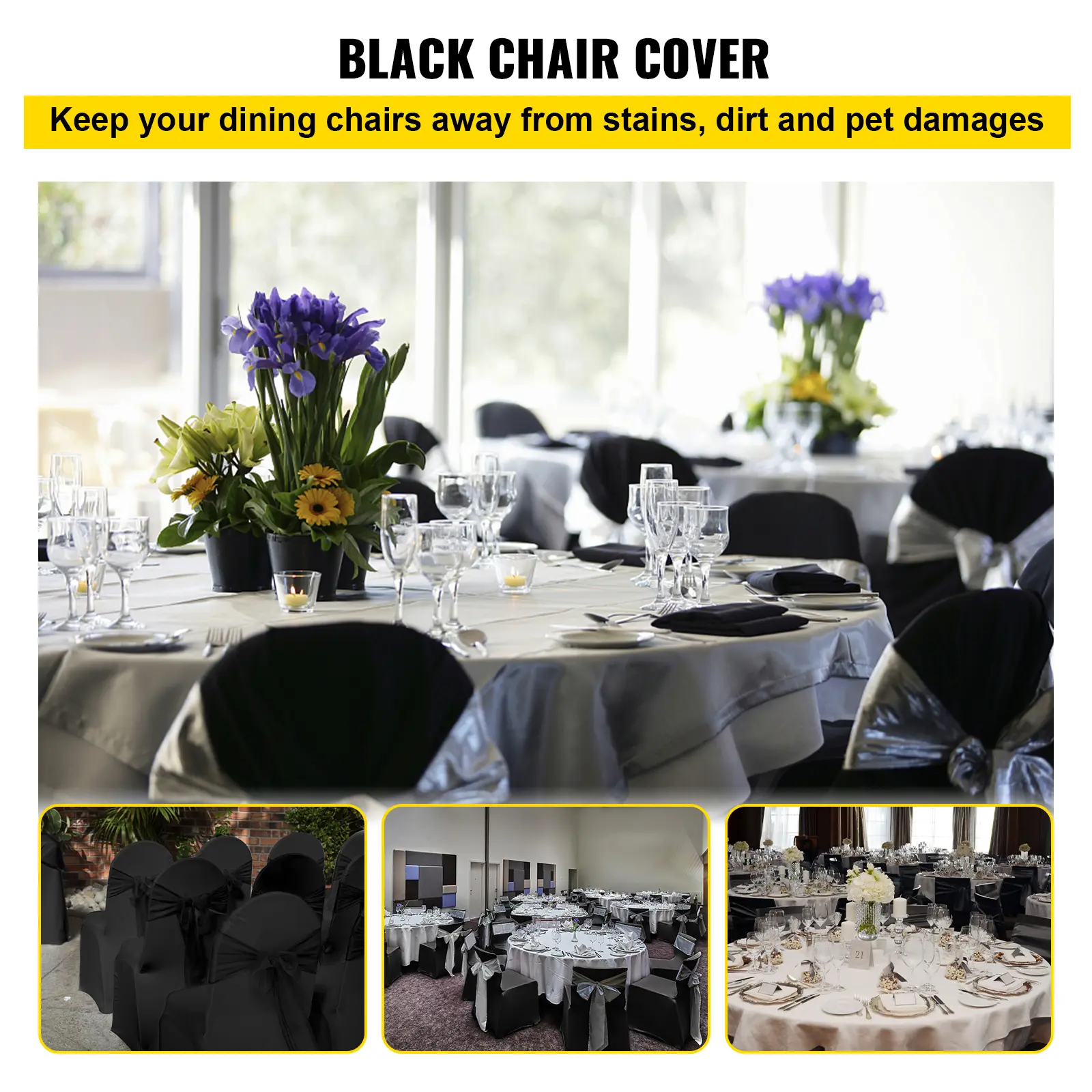 SucceBuy 50Pcs Black Chair Covers Polyester Spandex Stretch Slipcovers for Wedding Party Dining Banquet Arched-Front Chair Cover