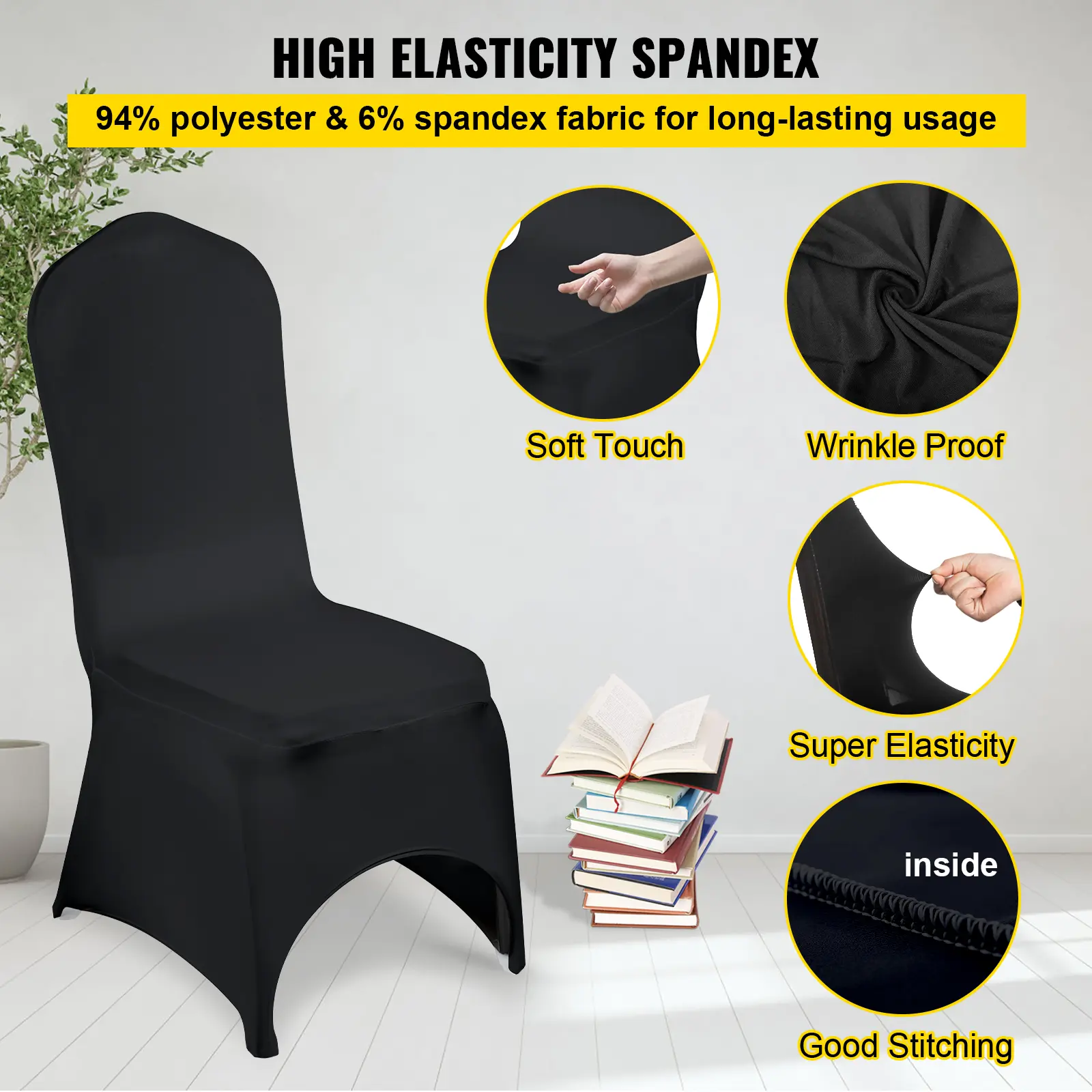 SucceBuy 50Pcs Black Chair Covers Polyester Spandex Stretch Slipcovers for Wedding Party Dining Banquet Arched-Front Chair Cover
