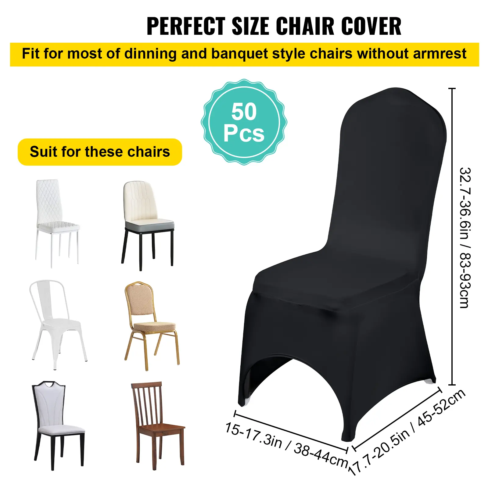 SucceBuy 50Pcs Black Chair Covers Polyester Spandex Stretch Slipcovers for Wedding Party Dining Banquet Arched-Front Chair Cover