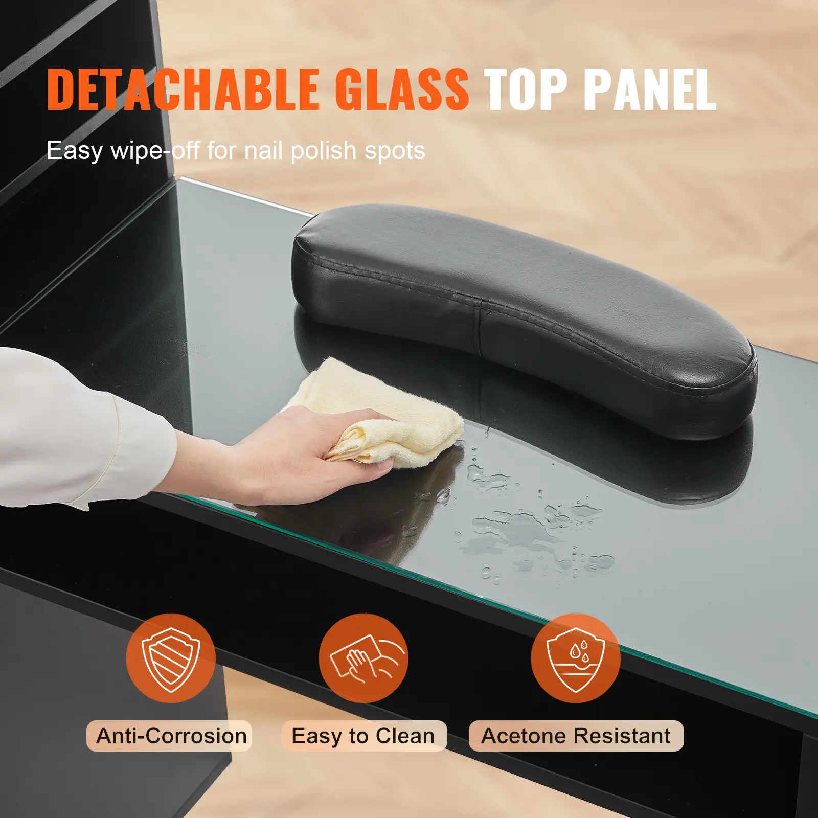 SucceBuy Manicure Table Glass Top Nail Desk Makeup Dressing with Storage Cabinet Acetone Resistant for Beauty Salon Workstation