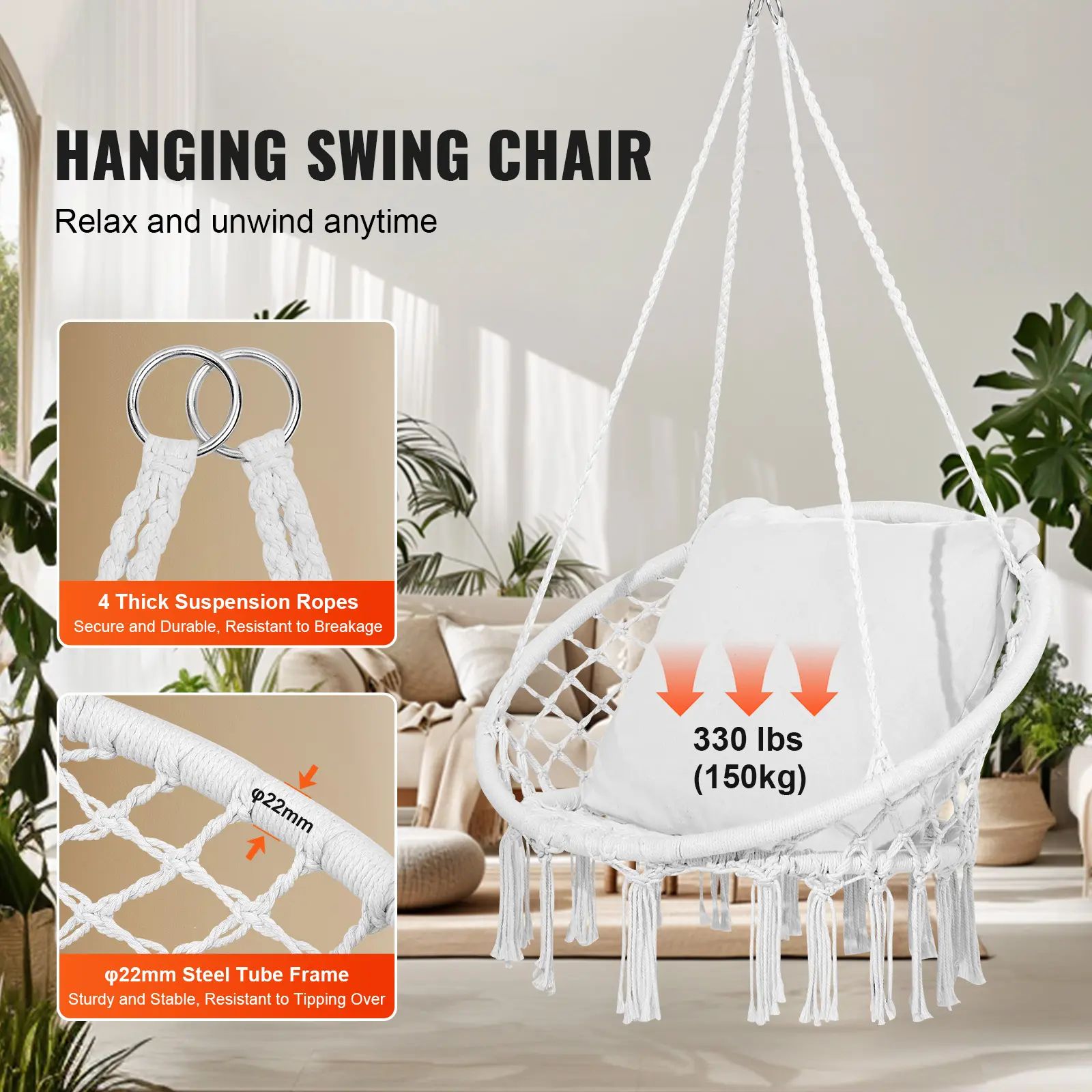SucceBuy Hanging Hammock Swing Chair 330lbs Macramé Hanging Chair Cotton Rope Swing Chair for Bedroom Balcony Patio Garden White