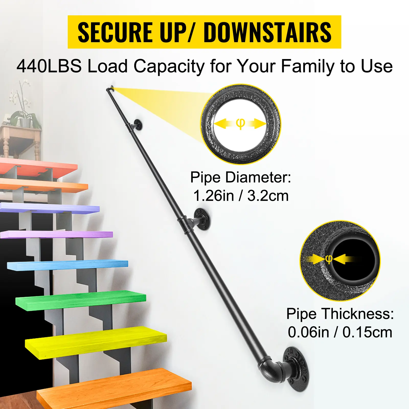SucceBuy 2-13ft Secure Pipe Stair Handrails Staircase 440lbs Handrails Carbon Steel For Wall Mount Stairs Indoors And Outdoor