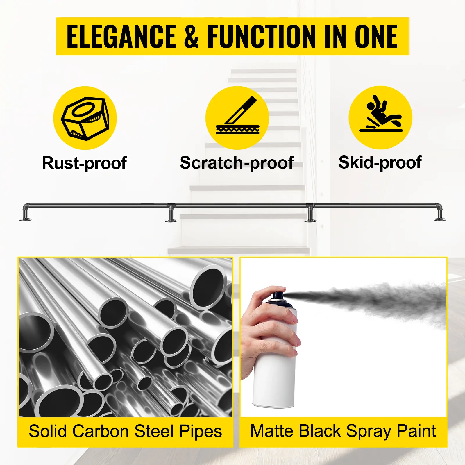 SucceBuy 2-13ft Secure Pipe Stair Handrails Staircase 440lbs Handrails Carbon Steel For Wall Mount Stairs Indoors And Outdoor