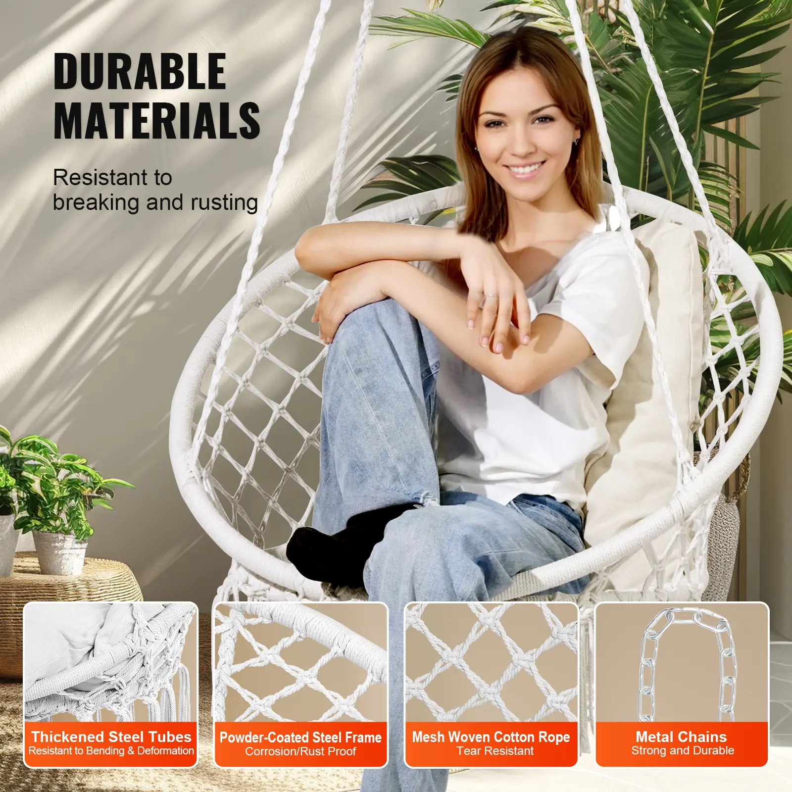 SucceBuy Hanging Hammock Swing Chair 330lbs Macramé Hanging Chair Cotton Rope Swing Chair for Bedroom Balcony Patio Garden White