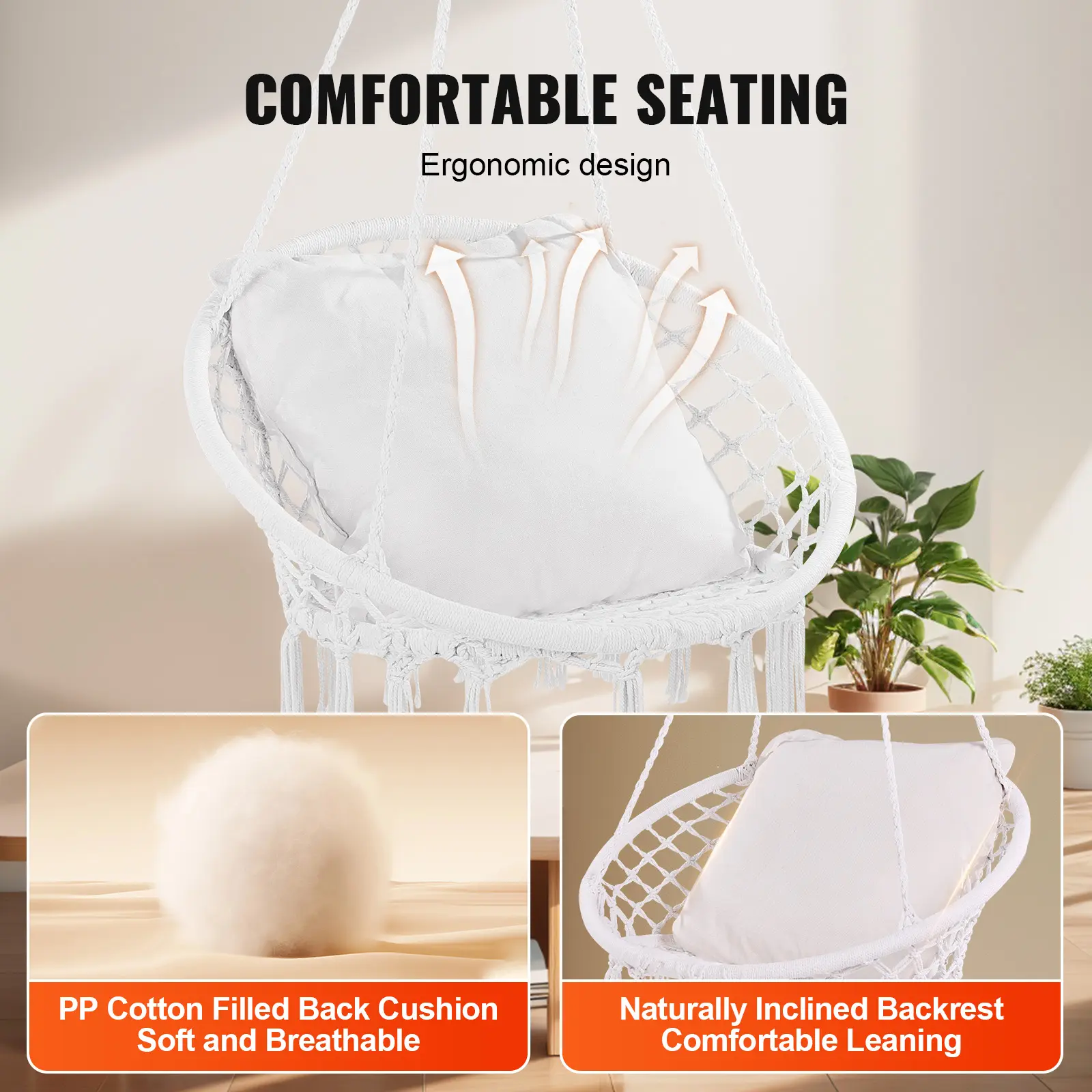 SucceBuy Hanging Hammock Swing Chair 330lbs Macramé Hanging Chair Cotton Rope Swing Chair for Bedroom Balcony Patio Garden White