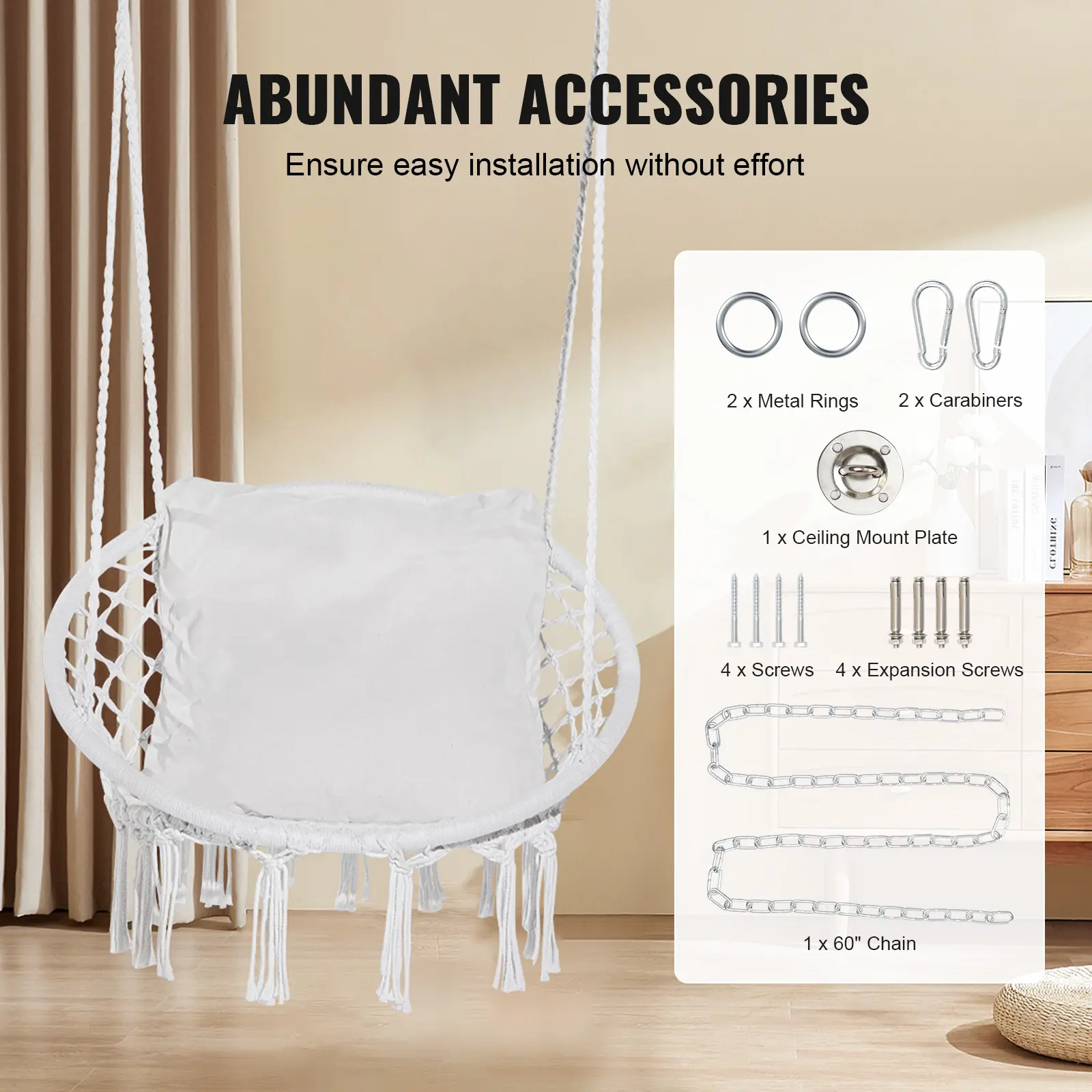 SucceBuy Hanging Hammock Swing Chair 330lbs Macramé Hanging Chair Cotton Rope Swing Chair for Bedroom Balcony Patio Garden White