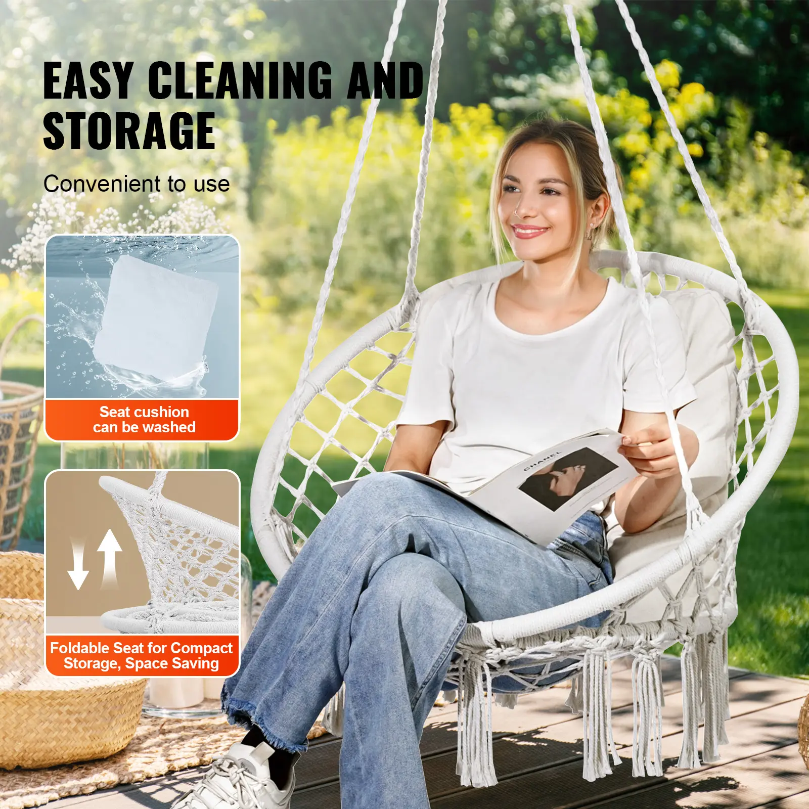 SucceBuy Hanging Hammock Swing Chair 330lbs Macramé Hanging Chair Cotton Rope Swing Chair for Bedroom Balcony Patio Garden White