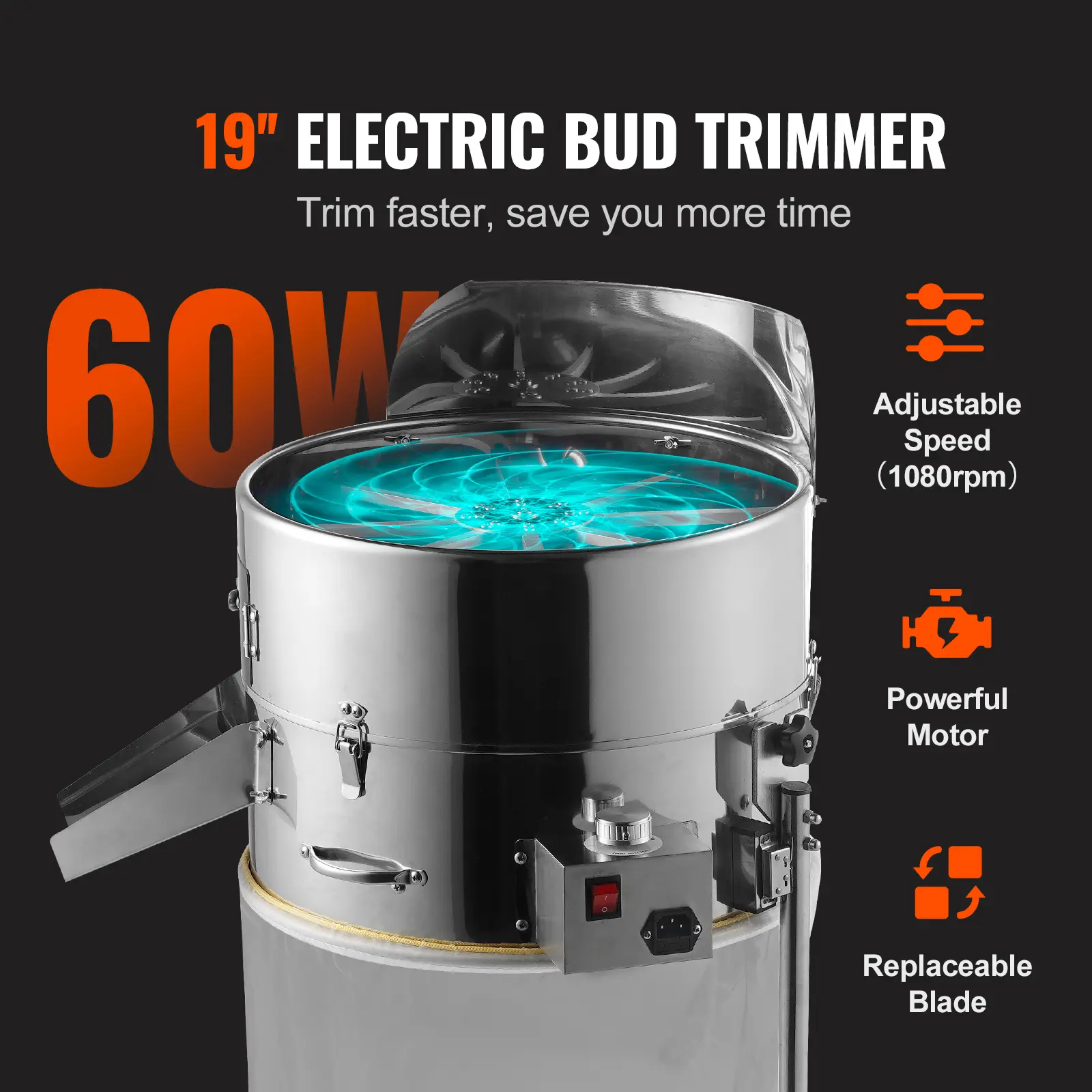 SucceBuy Electric Bud Trimmer 18in Electric Leaf Trimmer Machine Adjustable Speed Stainless-Steel Blade Bud Mesh Bag Hand Pruner
