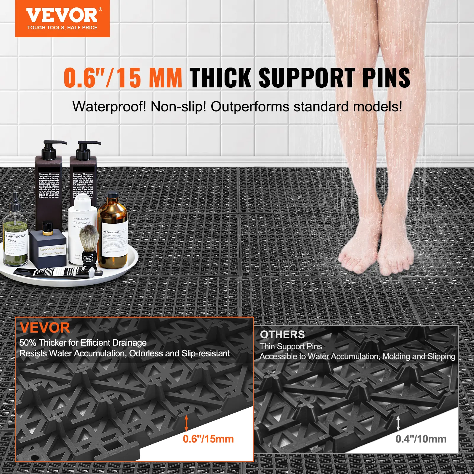 VEVOR Interlocking Tile 12/50/55PCS 12" x 12" Splicing Soft PVC Drainage Floor Tiles Non-Slip Drainage Holes for Bathroom Pool