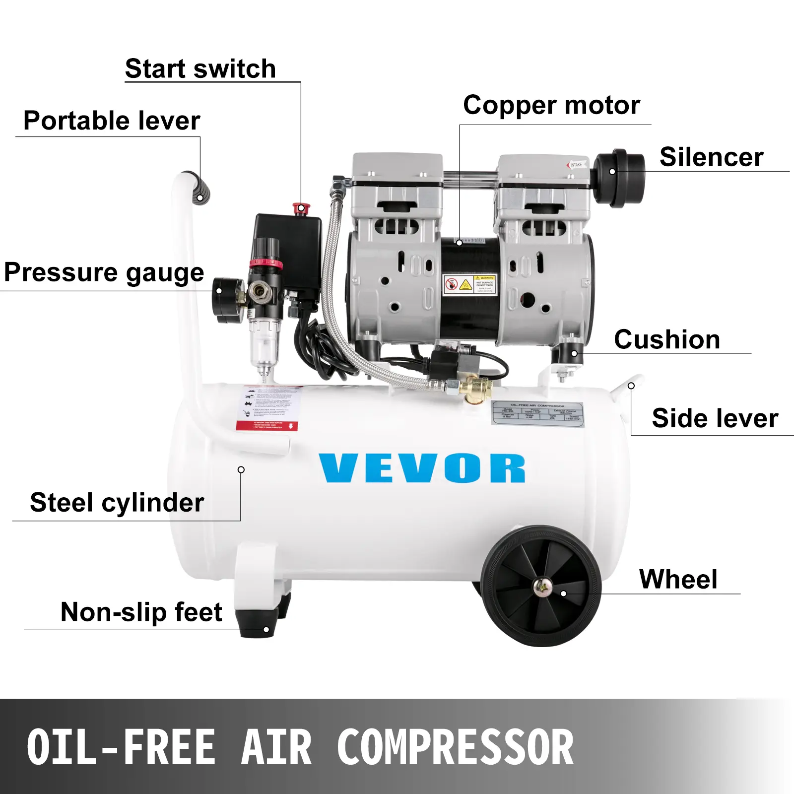 SucceBuy 25/60L Air Compressor 110V/240V Silent Oil-Free Compressor 750W 1 HP For Home Repair Tire Inflation Whisper Compressor