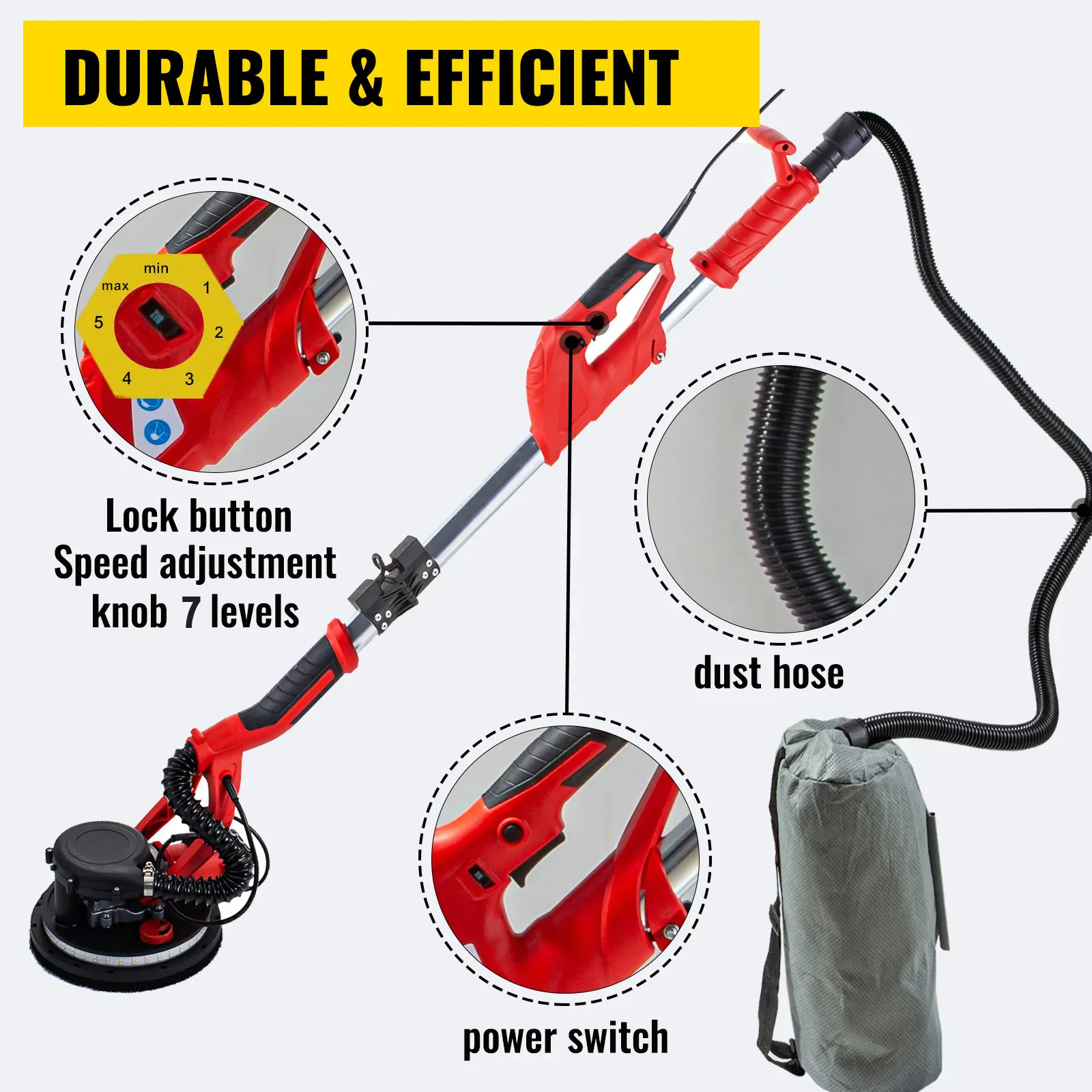 SucceBuy 850W Drywall Sander Variable Speed 800-1750 RPM Electric Drywall Sander Foldable Sheetrock Sander with Telescope Handle