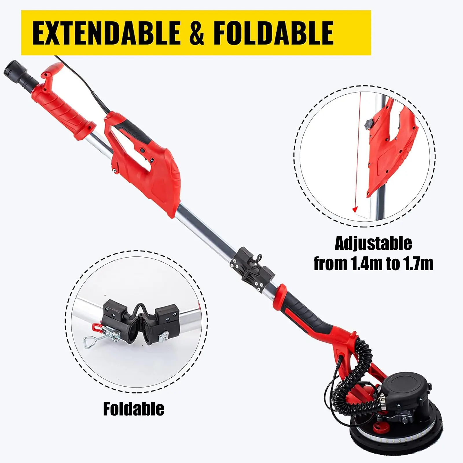 SucceBuy 850W Drywall Sander Variable Speed 800-1750 RPM Electric Drywall Sander Foldable Sheetrock Sander with Telescope Handle