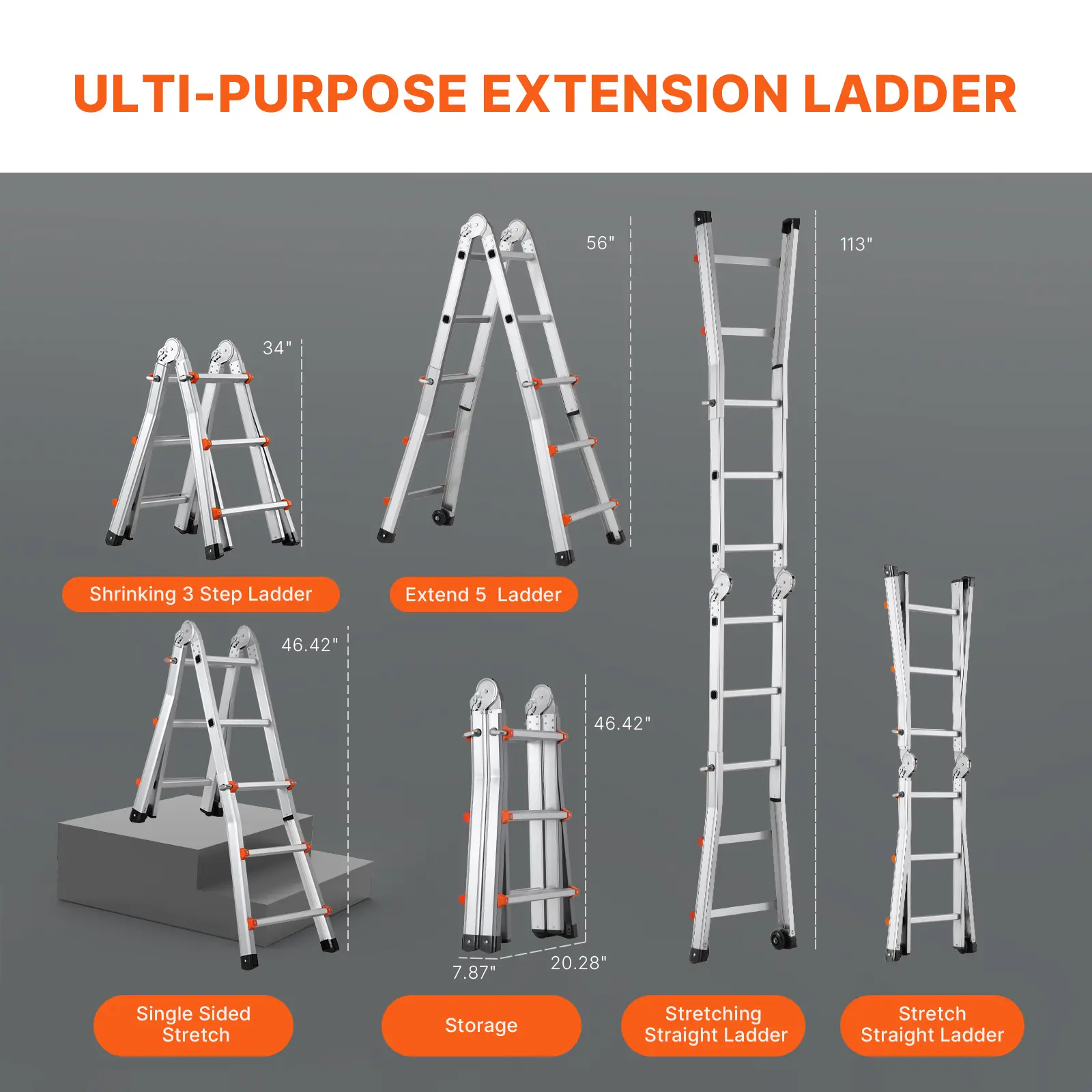 SucceBuyTelescoping Ladder A Frame Compact Aluminum Extension Ladder Multi-Function Portable Collapsible RV Ladder for Homework